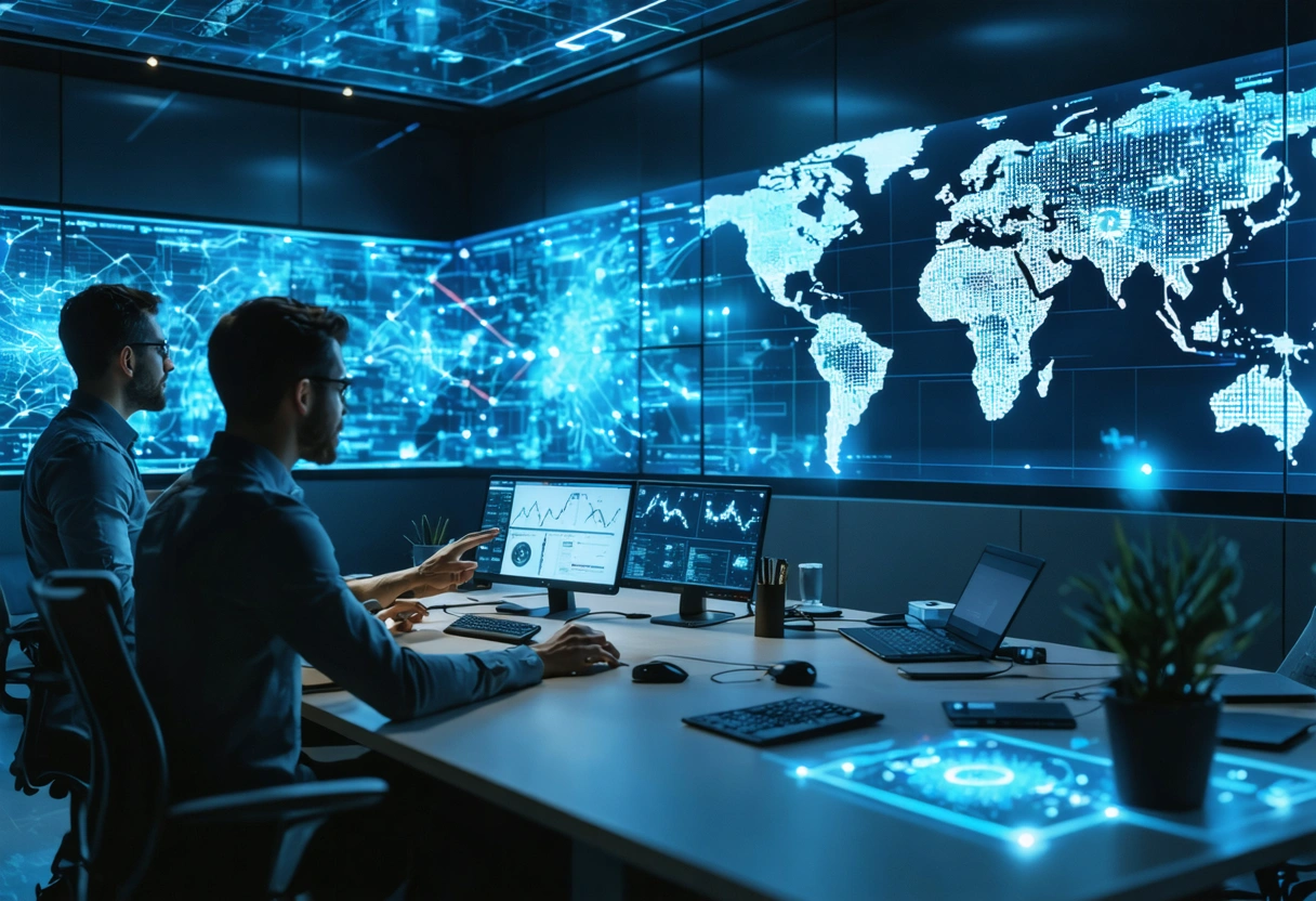 Team monitoring abstract sentiment maps in a modern command-room office