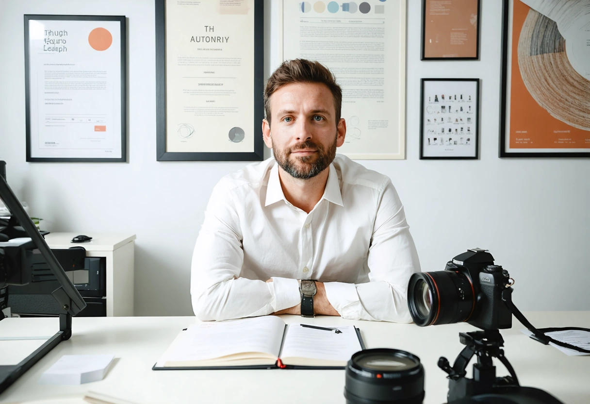 Business owner and strategist review certificates, case studies, and content ideas