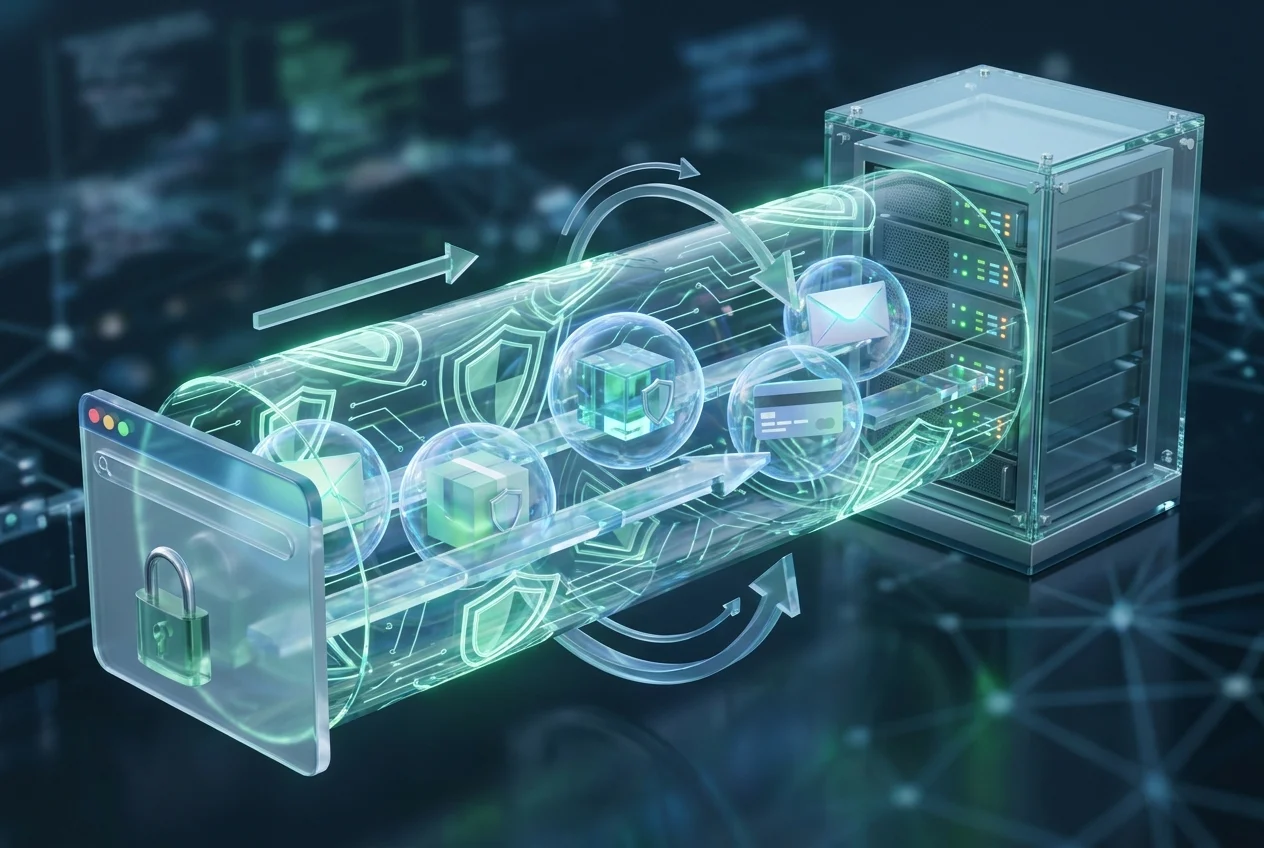 Encrypted data flowing safely between browser and server through a protected tunnel