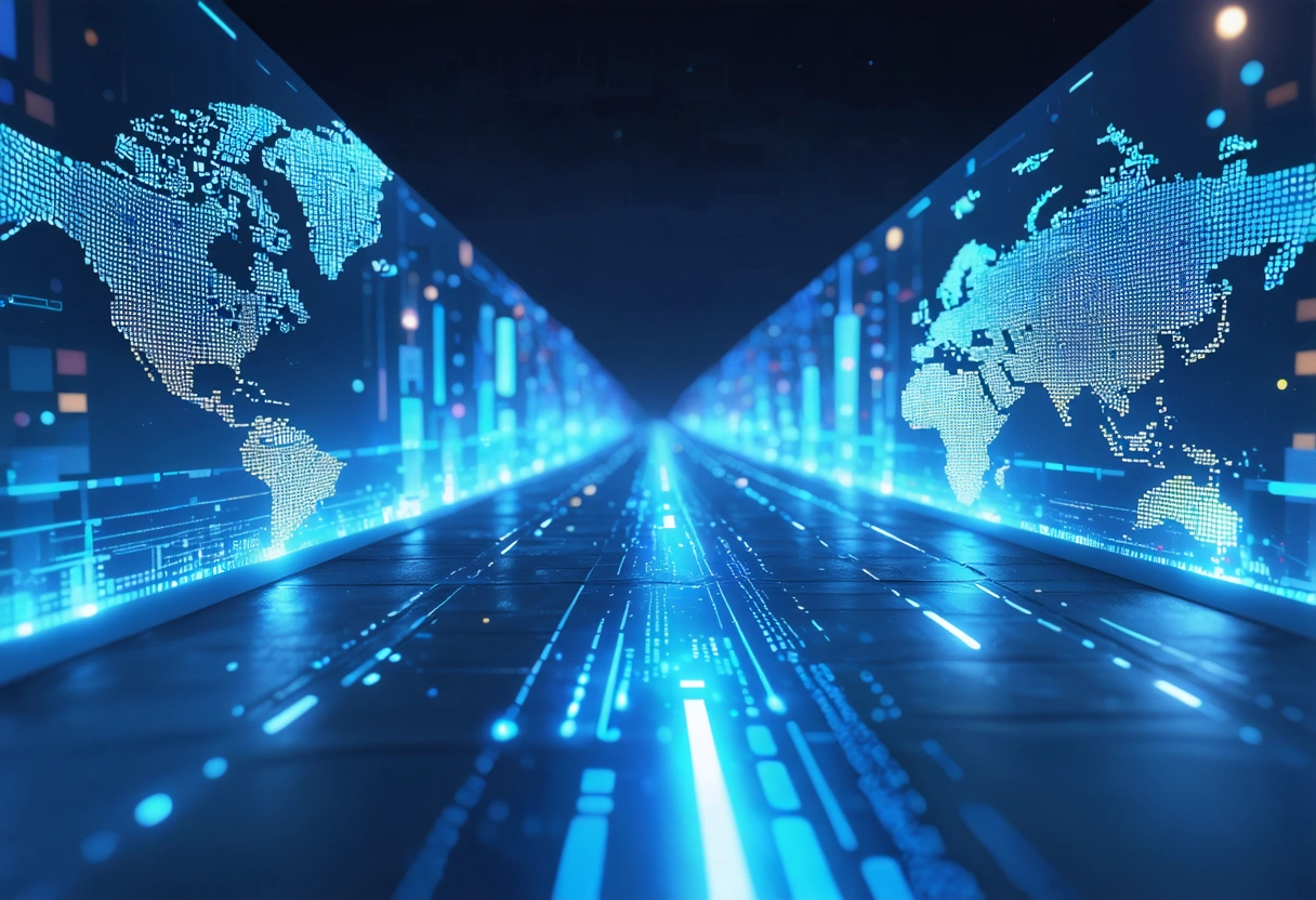 Glowing global data routes showing distance and latency across a map