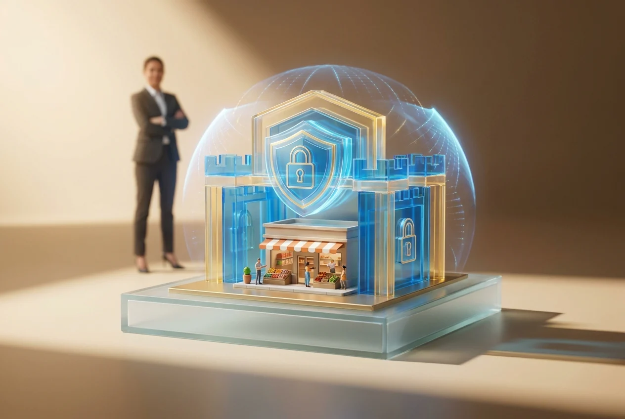 Cinematic wide hero scene of a secure modern business website being protected before problems occur, visualized as