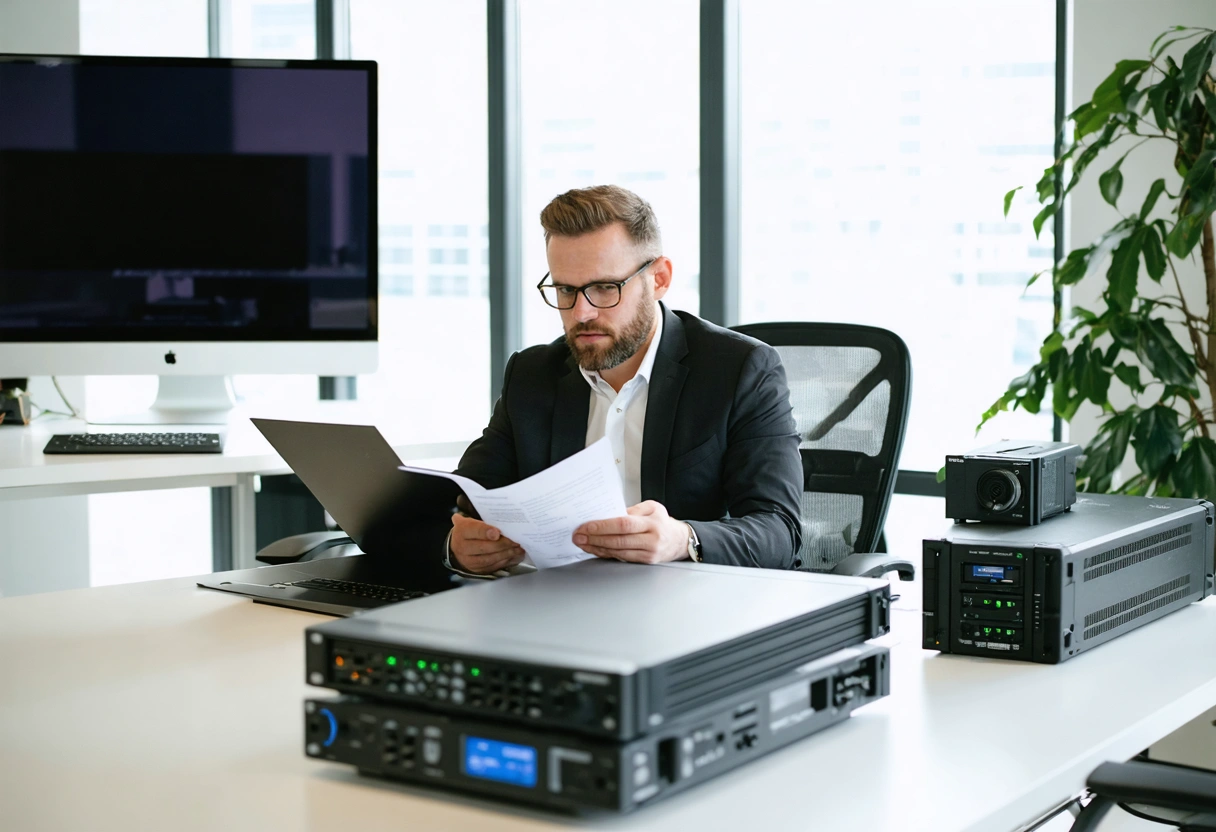 Business owner and partner discussing backups and recovery equipment for continuity