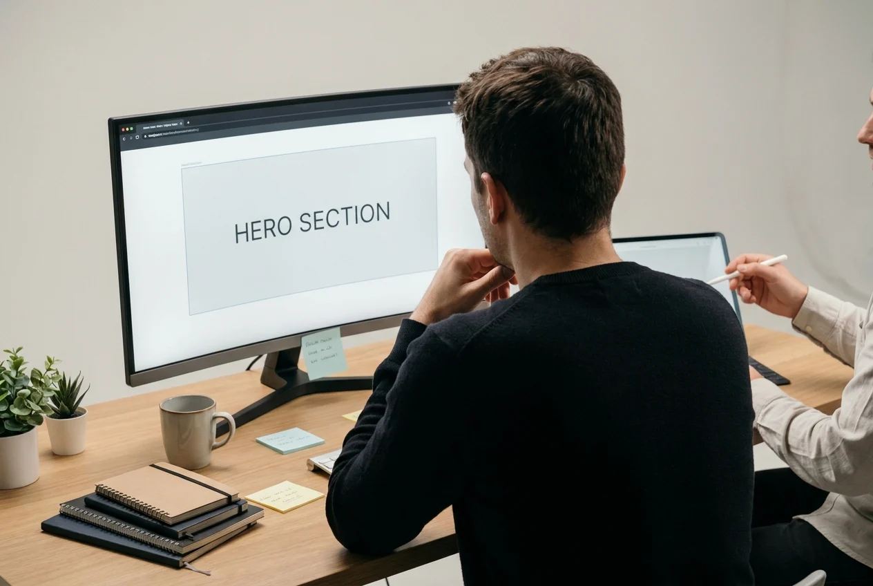 Simple website wireframe on a monitor with ample white space