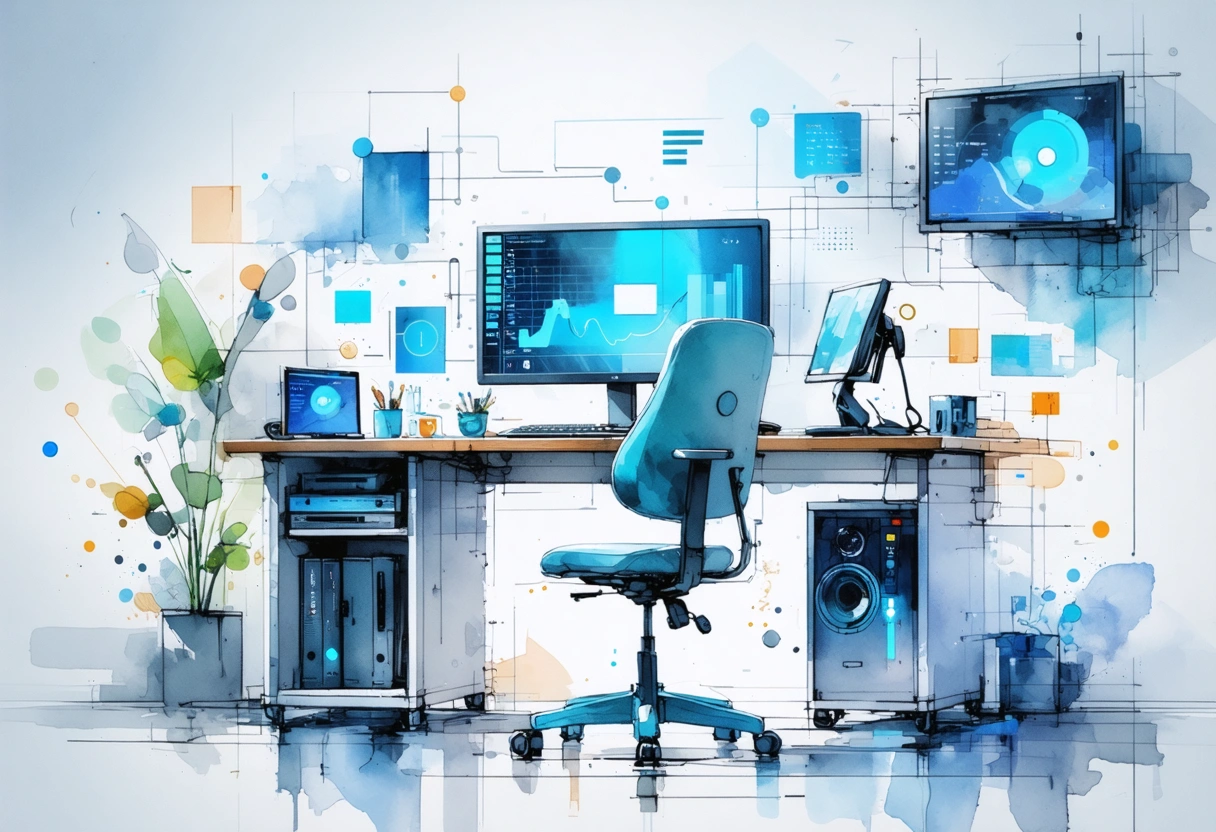 Secure office workstation with layered authentication, network hardware, and active monitoring cues