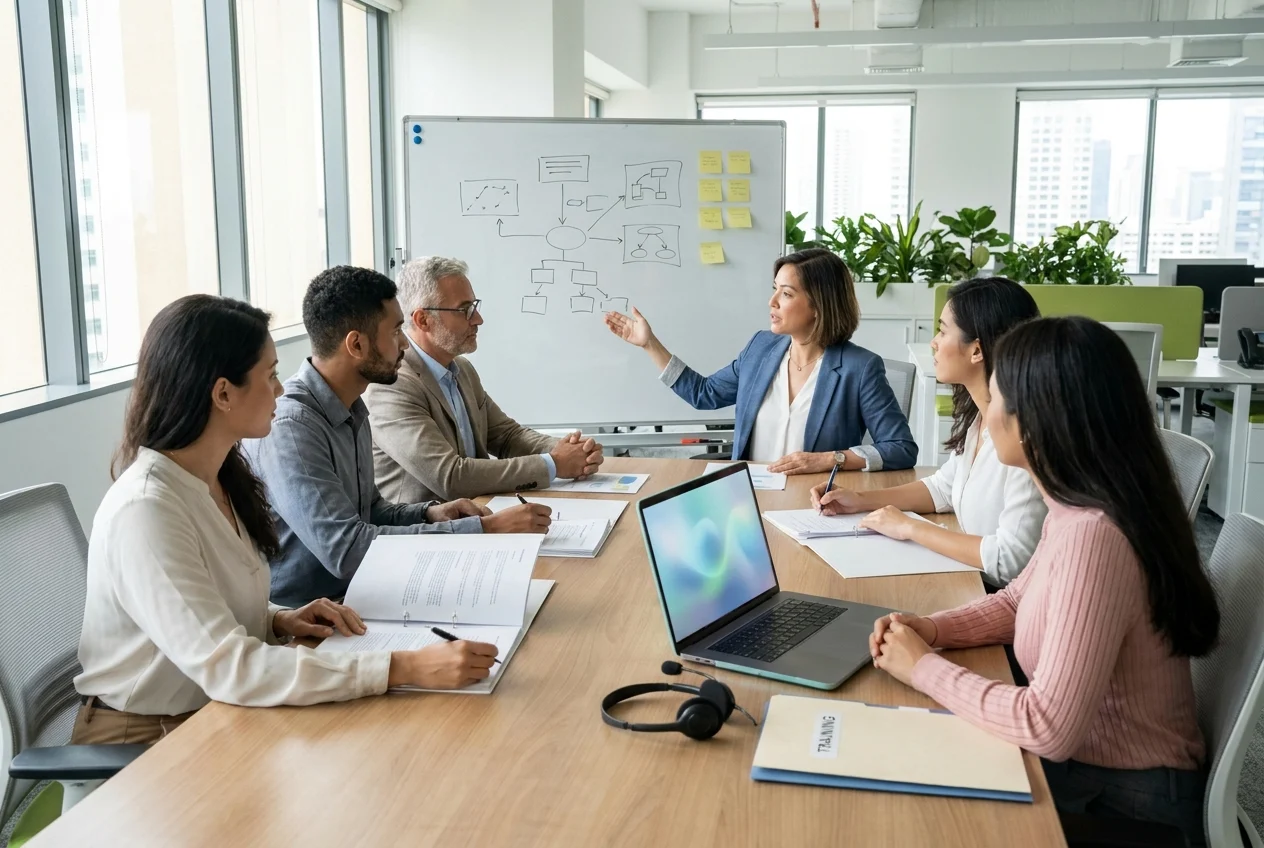 Team collaborating on customer service strategy in bright office