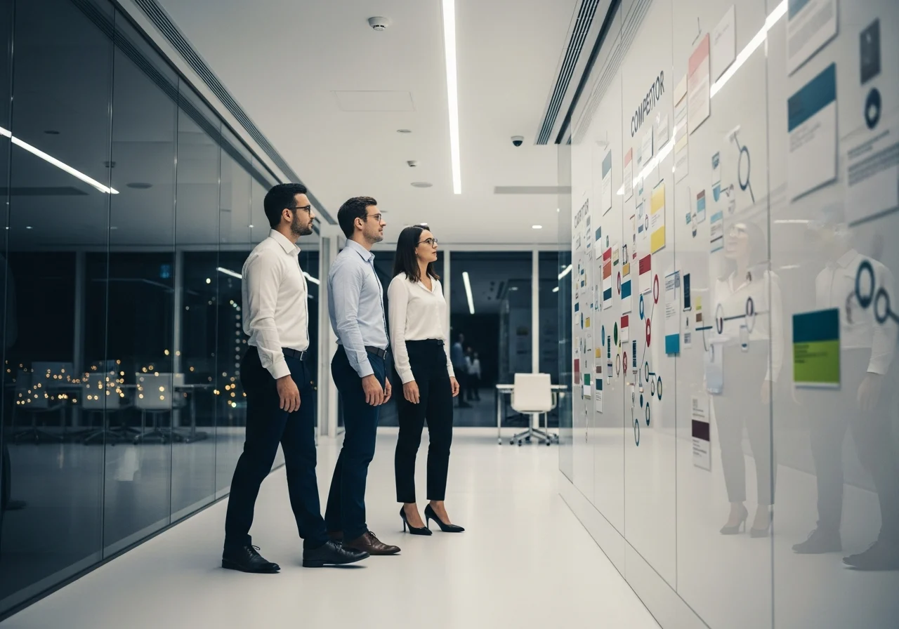 Marketing analyst tracking search trends across multiple screens and graphs