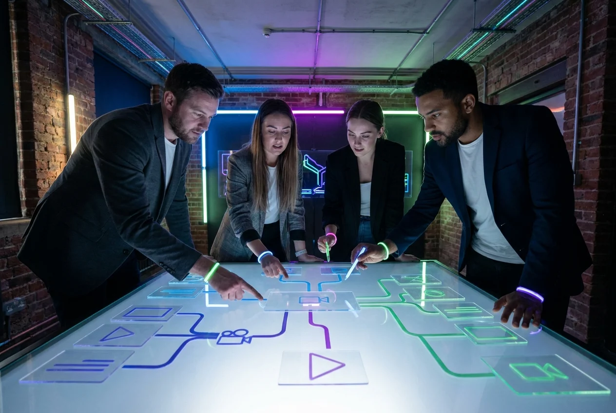Team reviews personalized AI-assisted video concepts over translucent audience pathway overlays