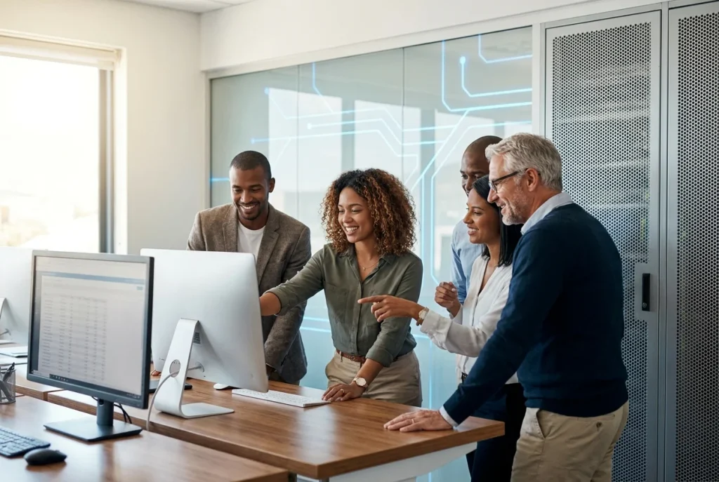 Photographic hero image of a diverse small business team and a senior technical consultant collaborating around