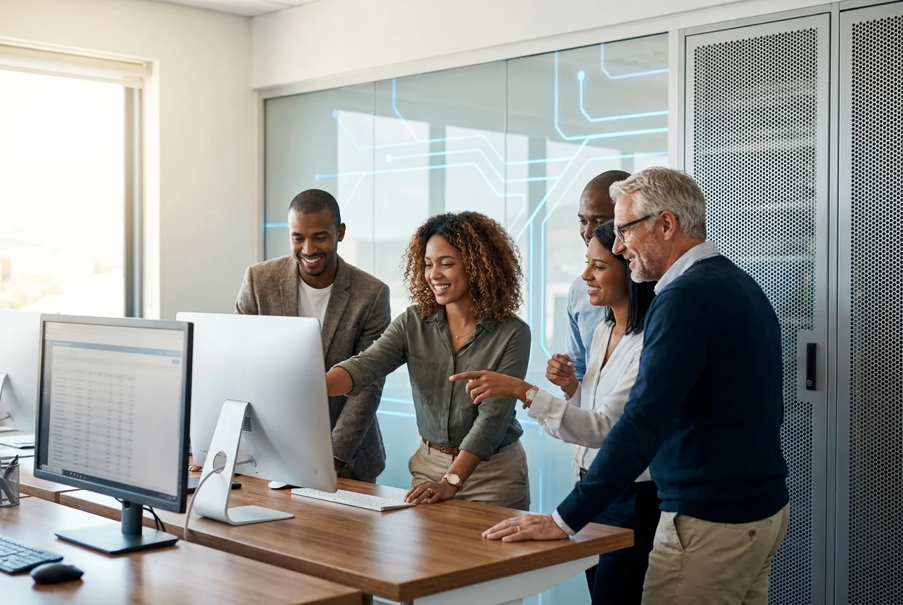 Photographic hero image of a diverse small business team and a senior technical consultant collaborating around
