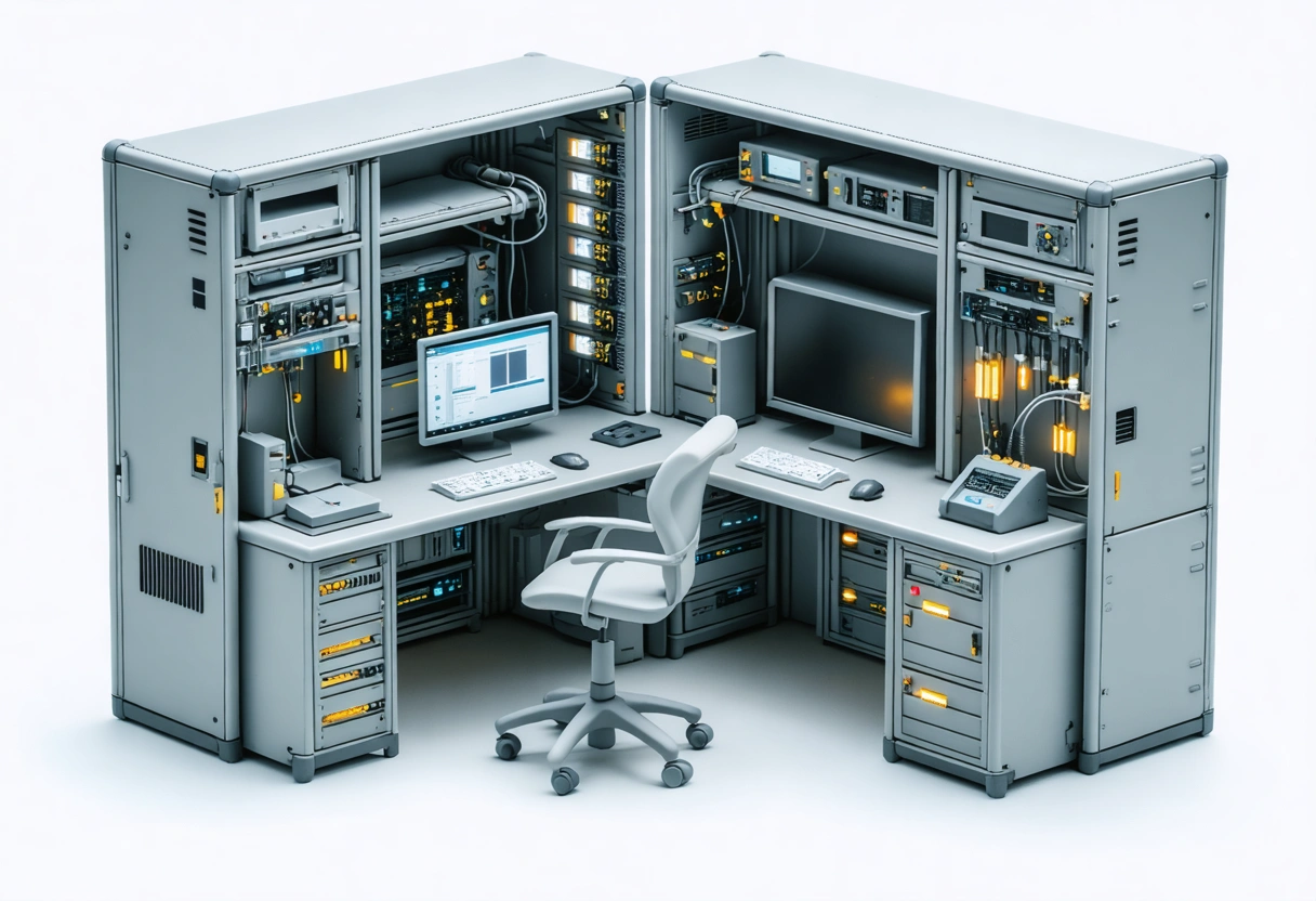 Organized server room with hardware, cables, and performance planning materials