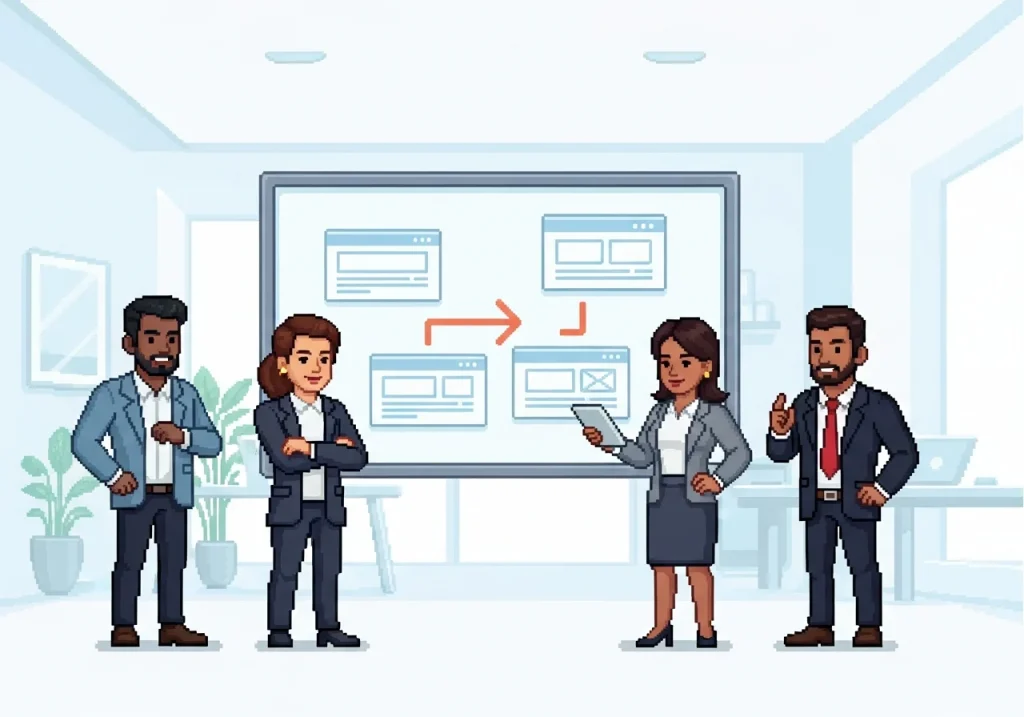 Pixel art hero scene of a diverse small business team in a bright, uncluttered modern office, standing confidently