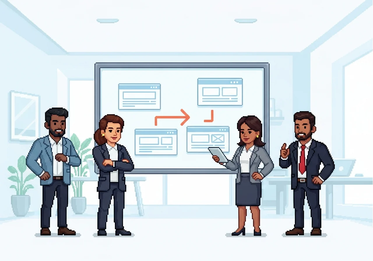 Pixel art hero scene of a diverse small business team in a bright, uncluttered modern office, standing confidently