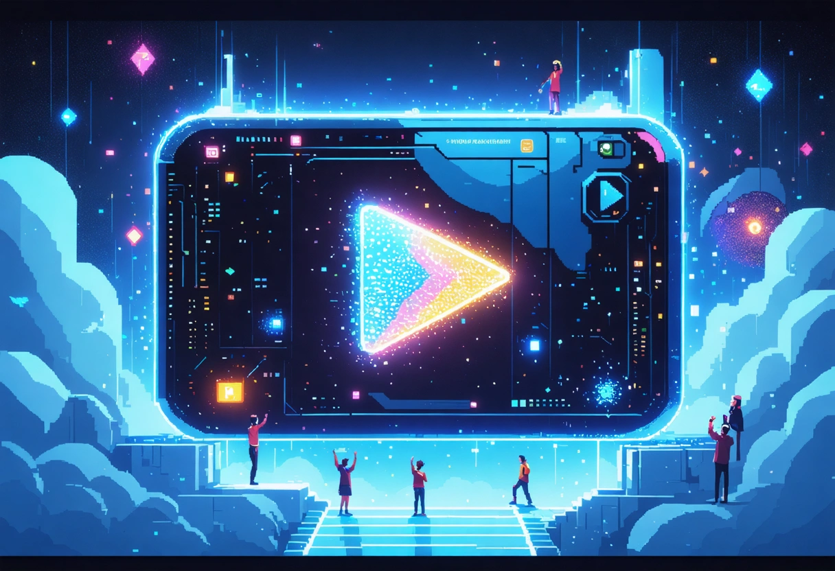 Pixel art inspired conceptual commercial hero scene for a blog about video marketing in 2026, cinematic wide framing of