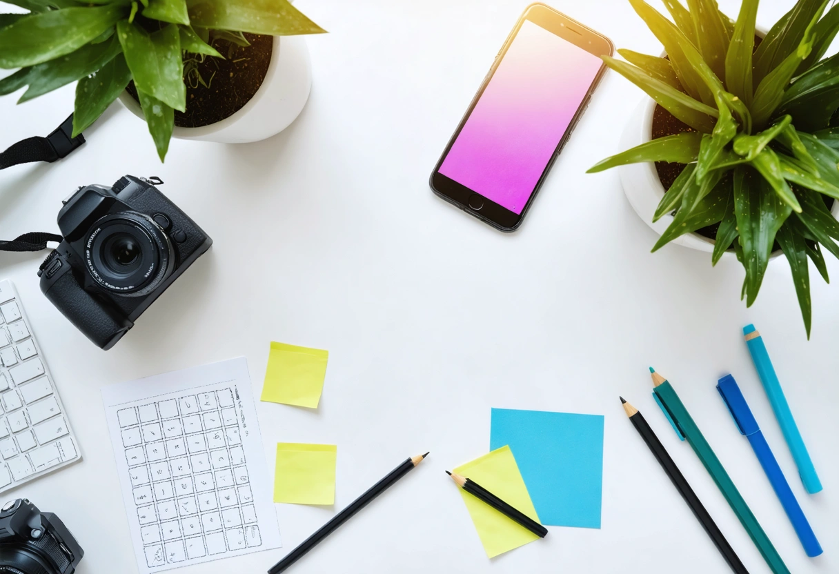 Flat-lay workspace planning short-form video strategy with smartphone, notes, and storyboard cards