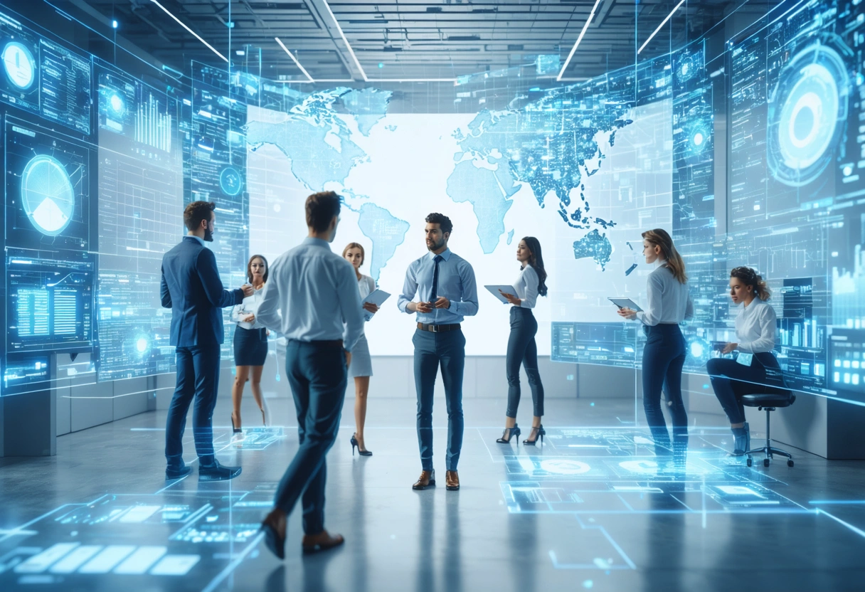 Wide hero shot of a diverse team of business professionals navigating a modern search landscape in a bright