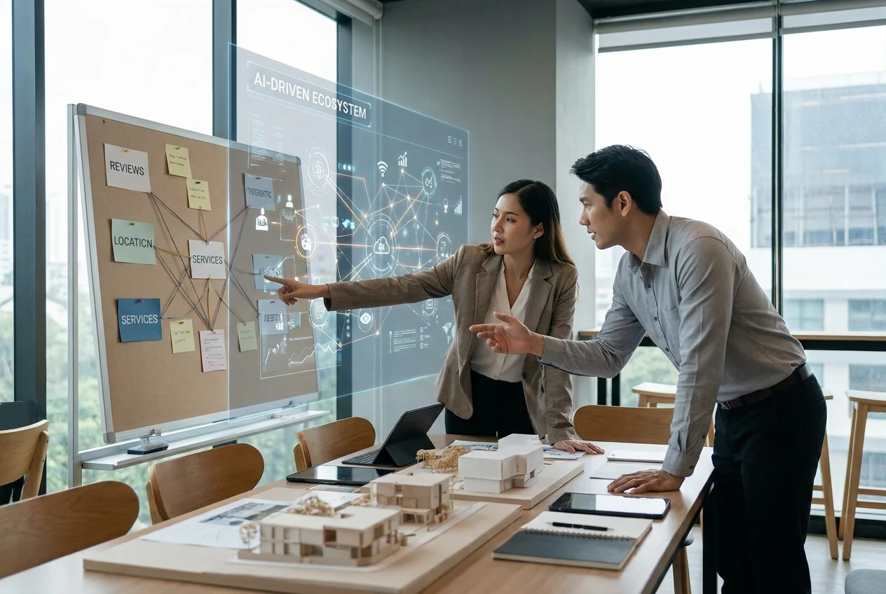 Local business owner and advisor compare search signals and AI planning boards