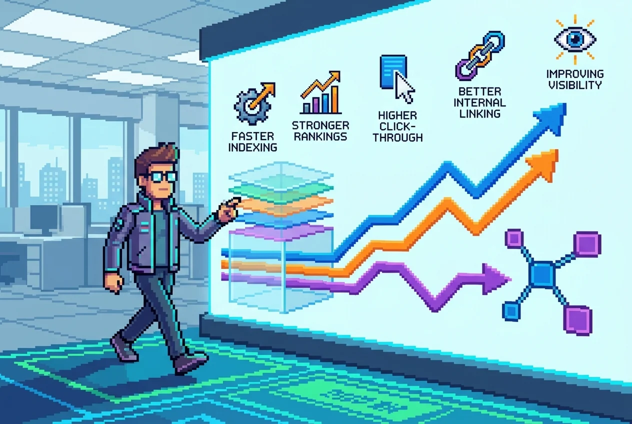SEO strategist beside glowing data pathways showing improving visibility and rankings