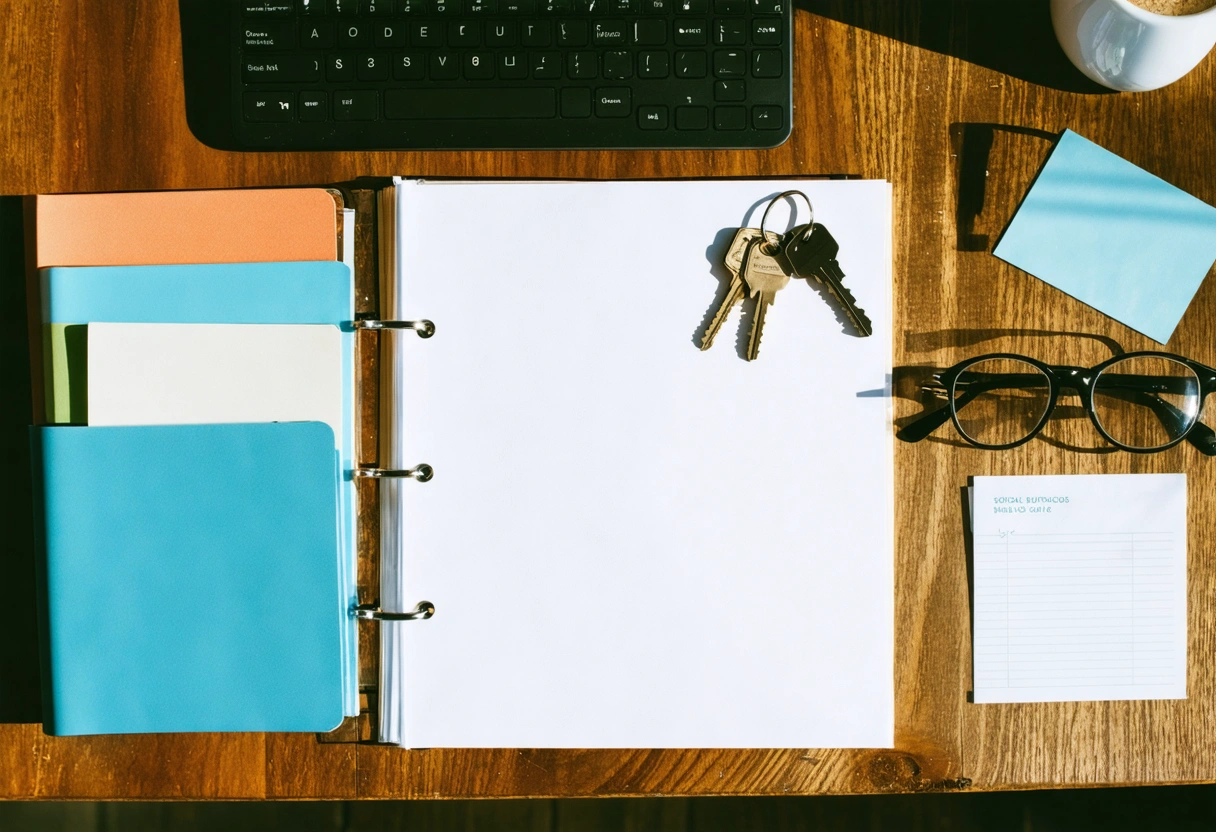 Color-coded folders, appointment cards, and directory binder on a wooden desk
