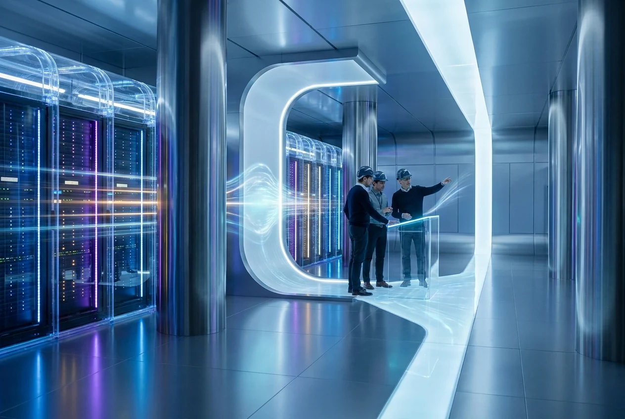 Server racks connected to data flow graphics and AI symbols