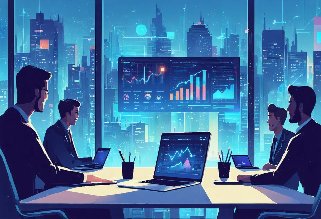 Cinematic wide hero scene of a diverse leadership team in a modern strategy room overlooking a city skyline, with
