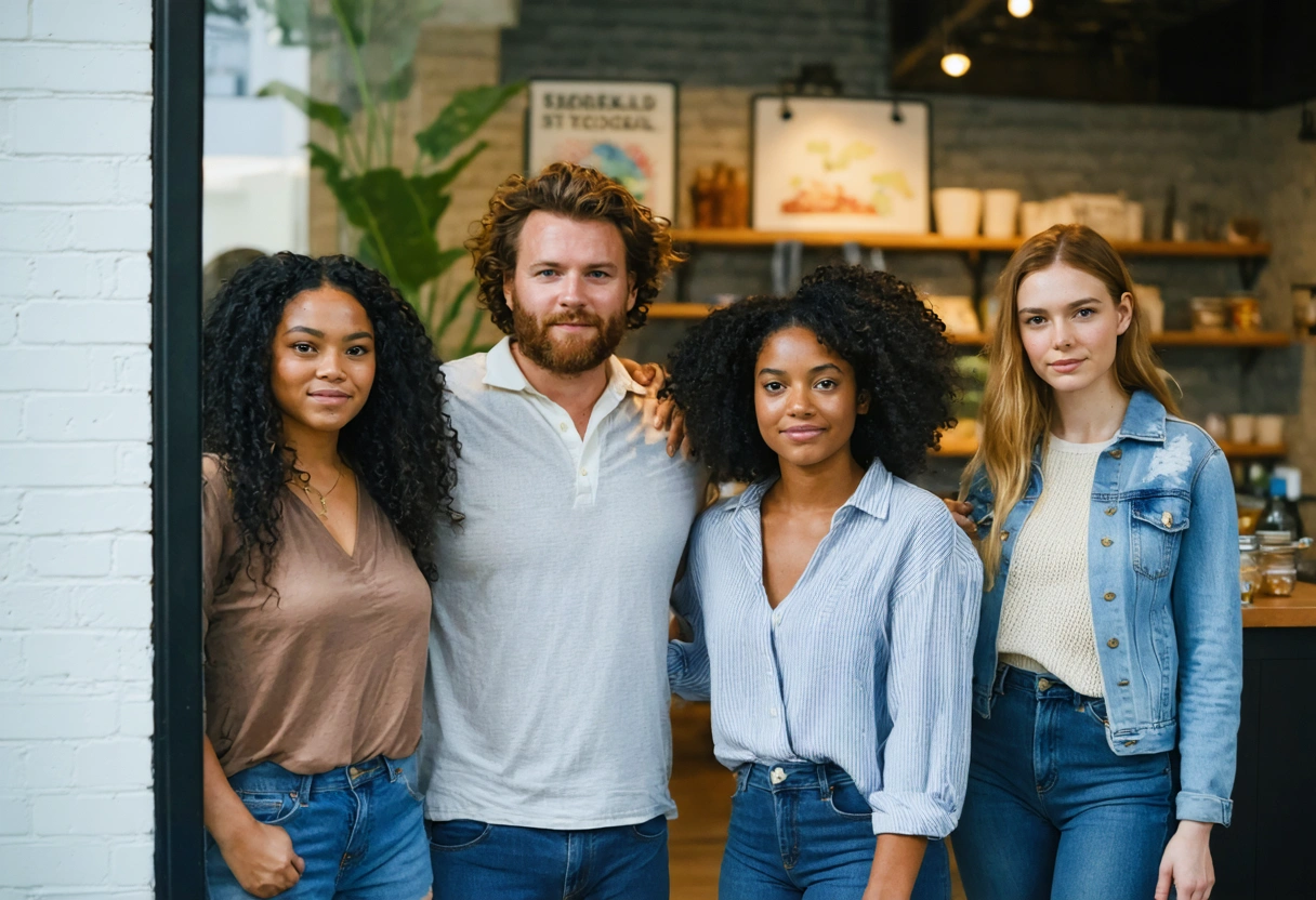 Cinematic wide hero shot of a diverse small business owner team in a bright modern local storefront office, looking