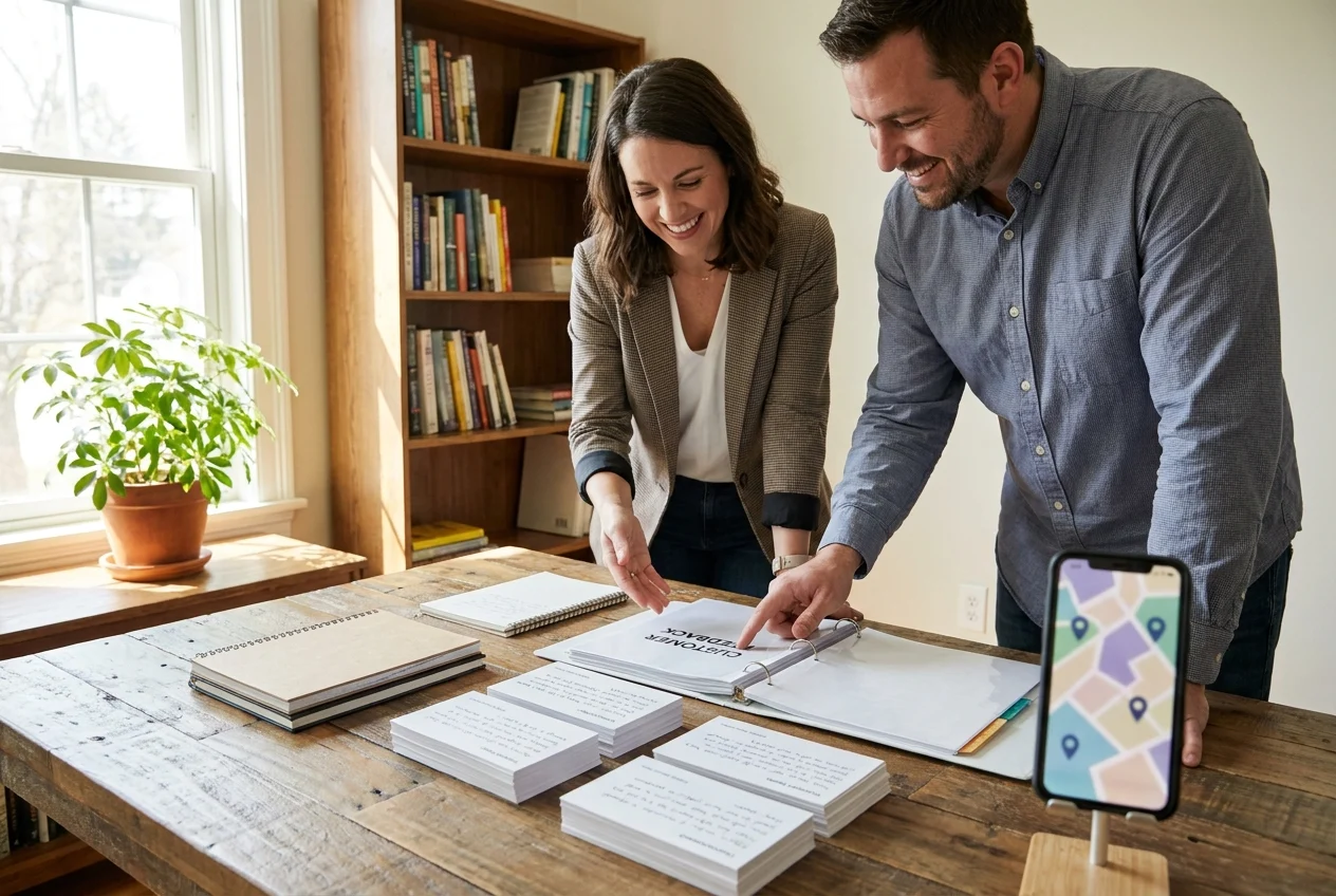 Small business owner and advisor reviewing testimonials, feedback binders, and local visibility