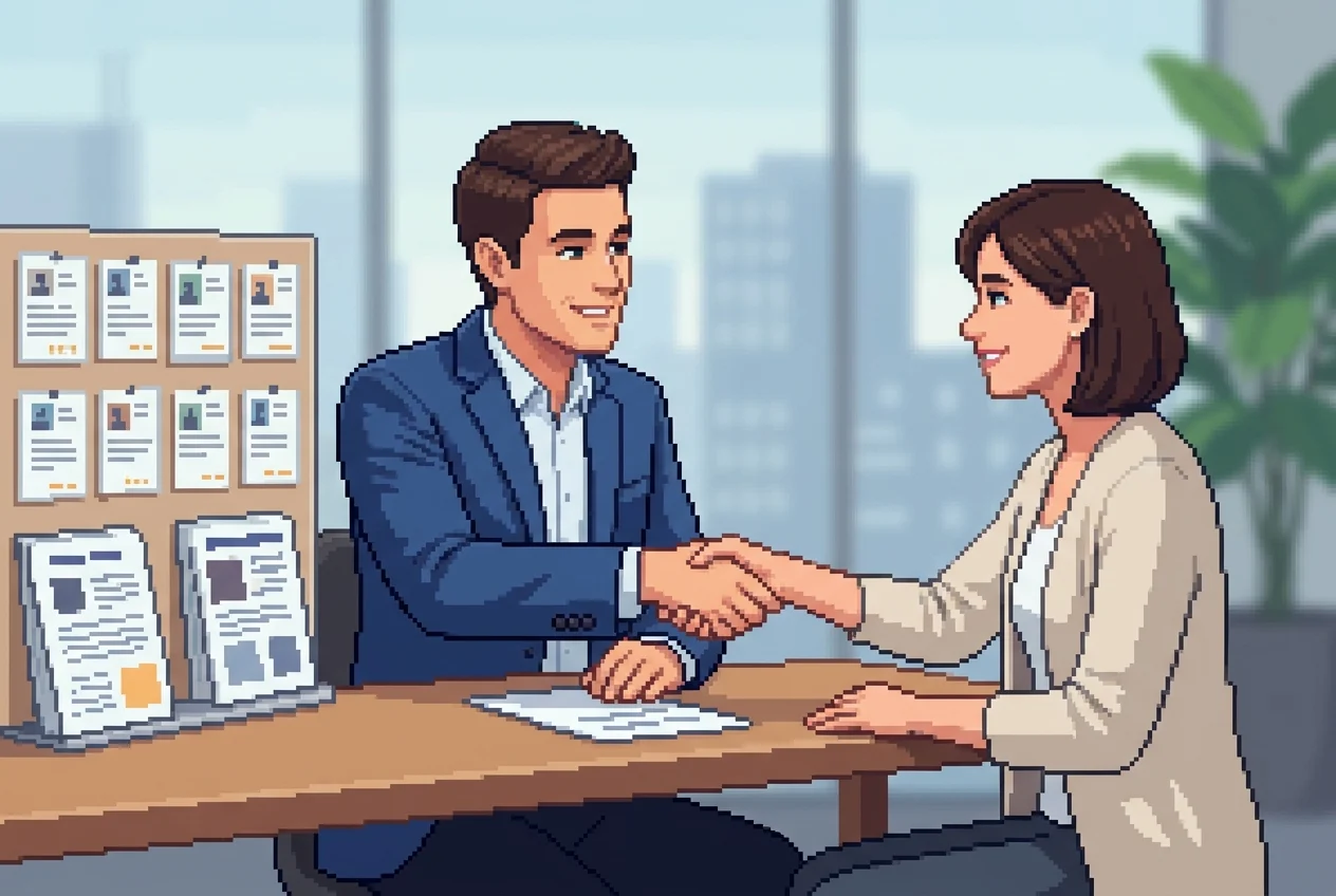 Consultant and client shake hands beside testimonials and project summaries