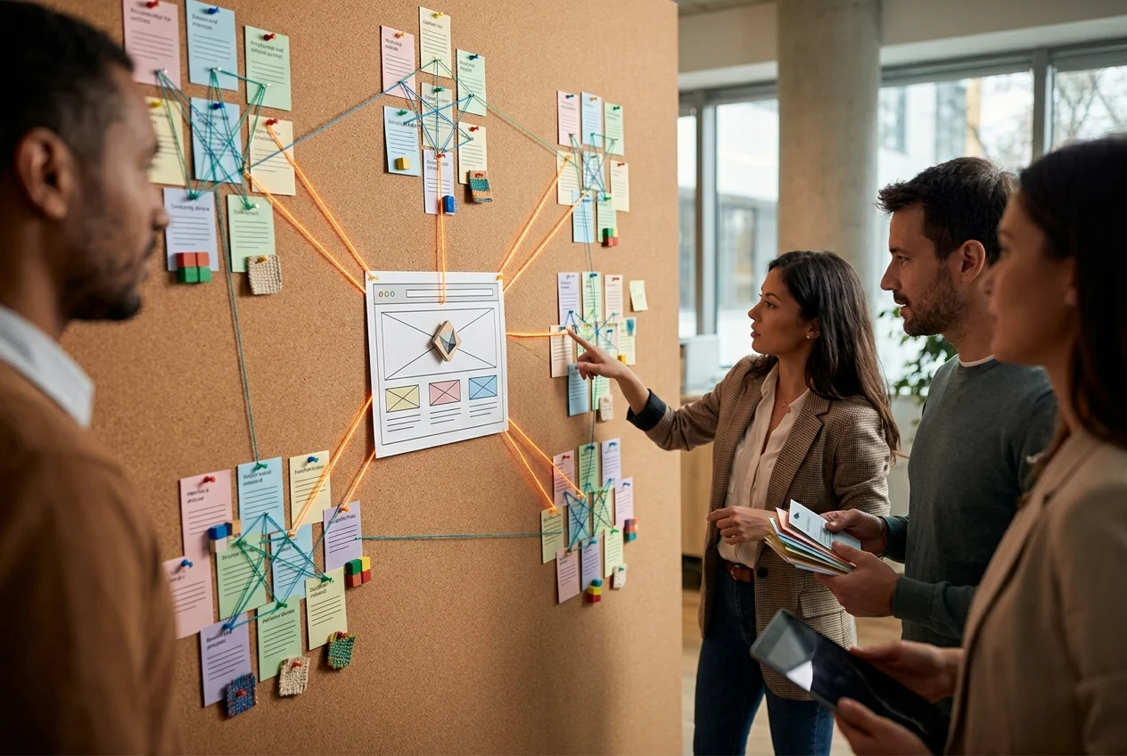 Content team strategy wall linking a central page to supporting articles
