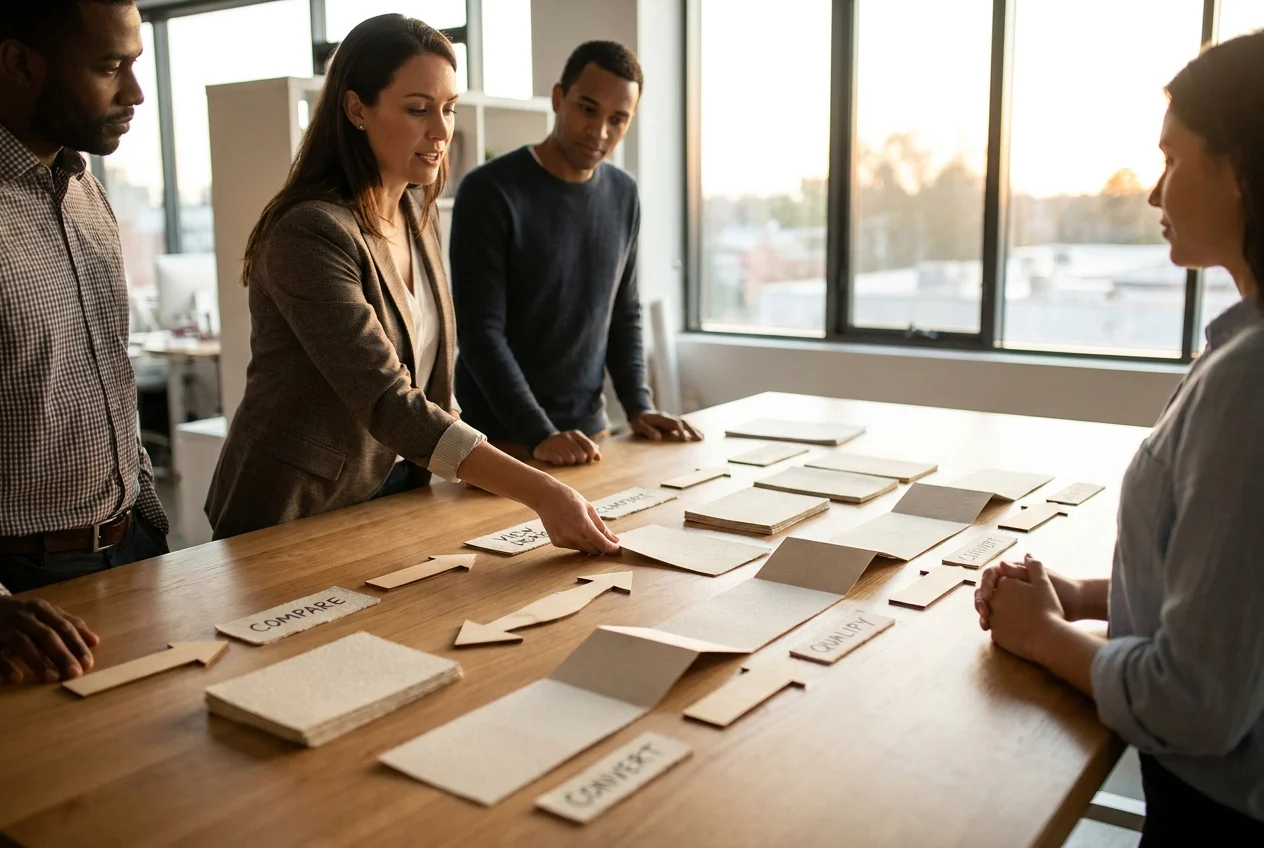 Consultant shows step-by-step conversion path using cards and paper arrows
