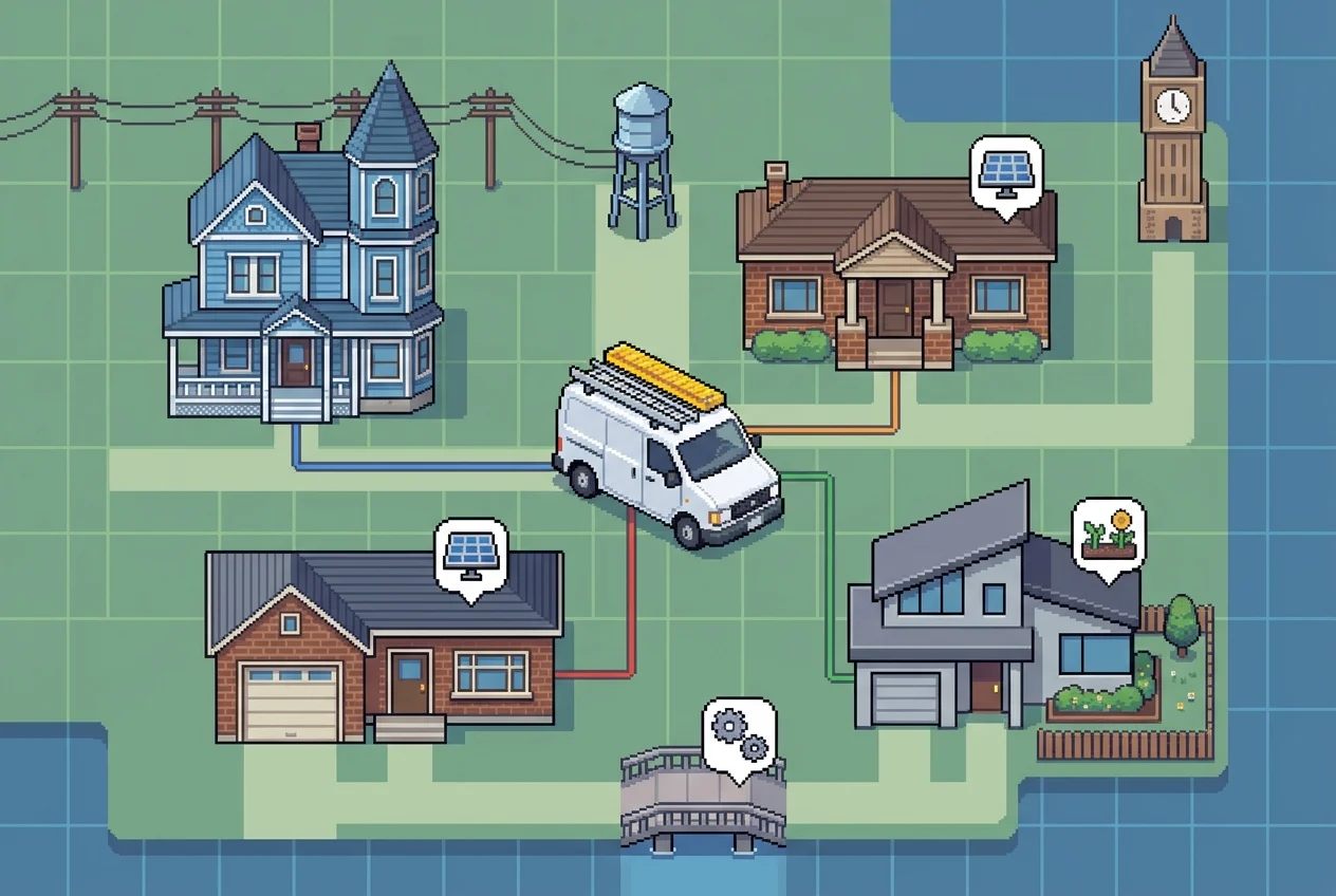 Pixel art neighborhood map with service van, homes, and local landmarks