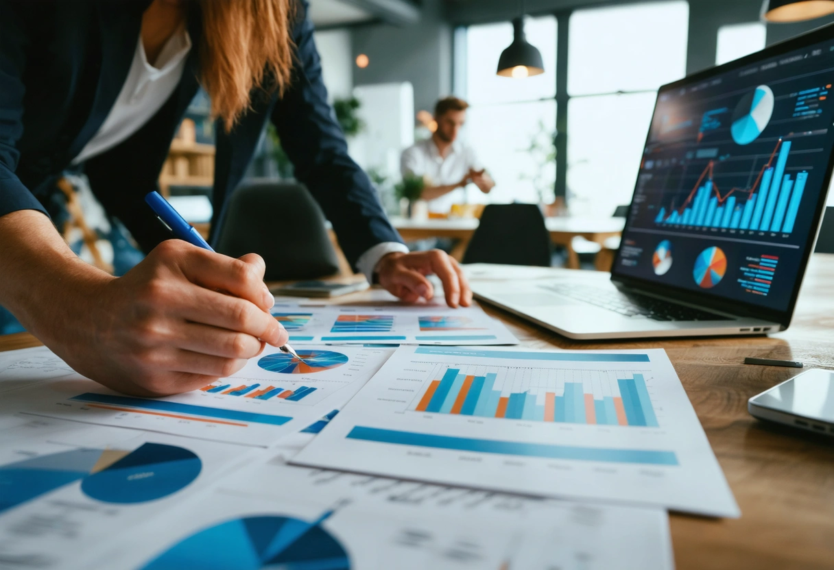 Marketers and owner reviewing campaign insights, charts, notes, and laptop analytics