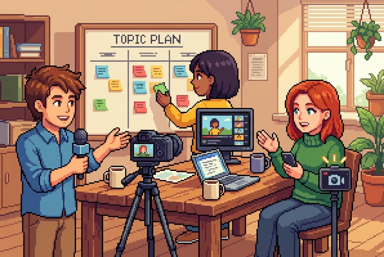 Small business team planning and recording short videos around content production tools