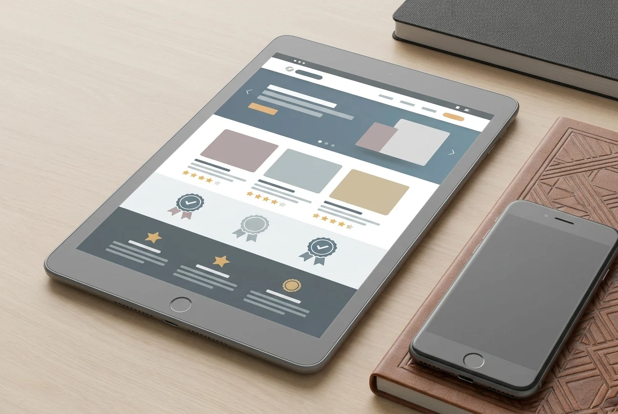 Premium business website homepage being refined on tablet beside smartphone and notebook