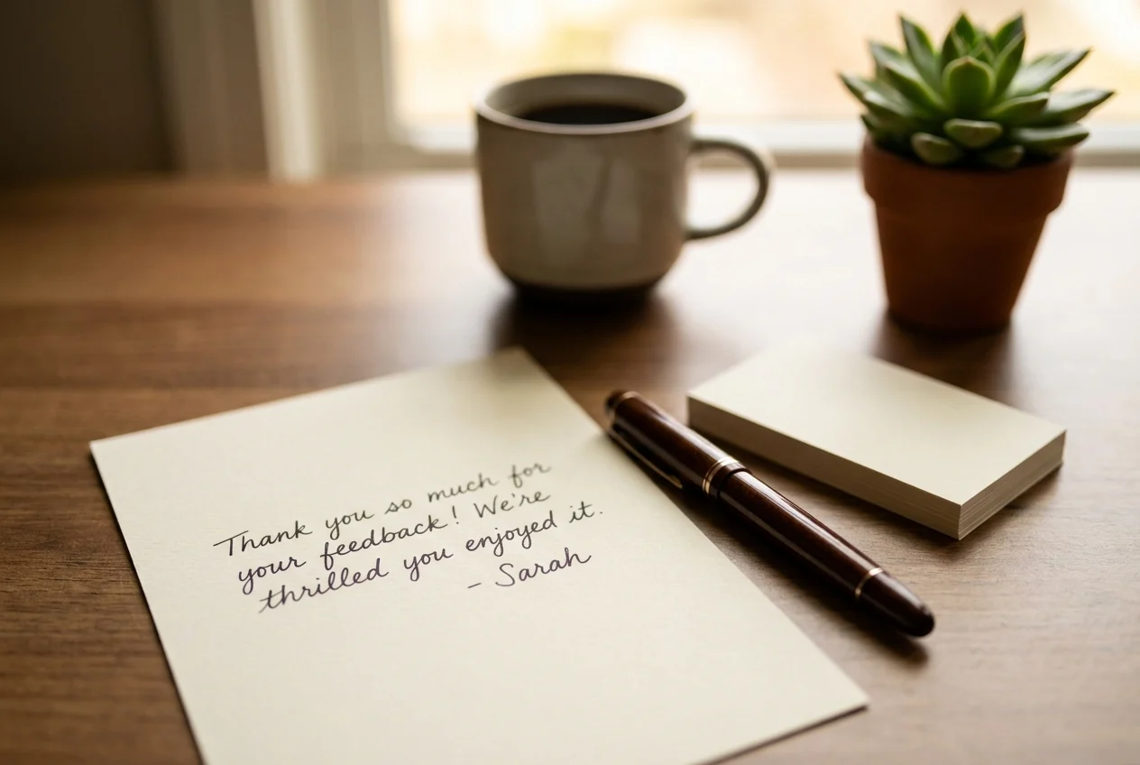 Close-up of handwritten customer review reply beside pen, cards, and coffee cup