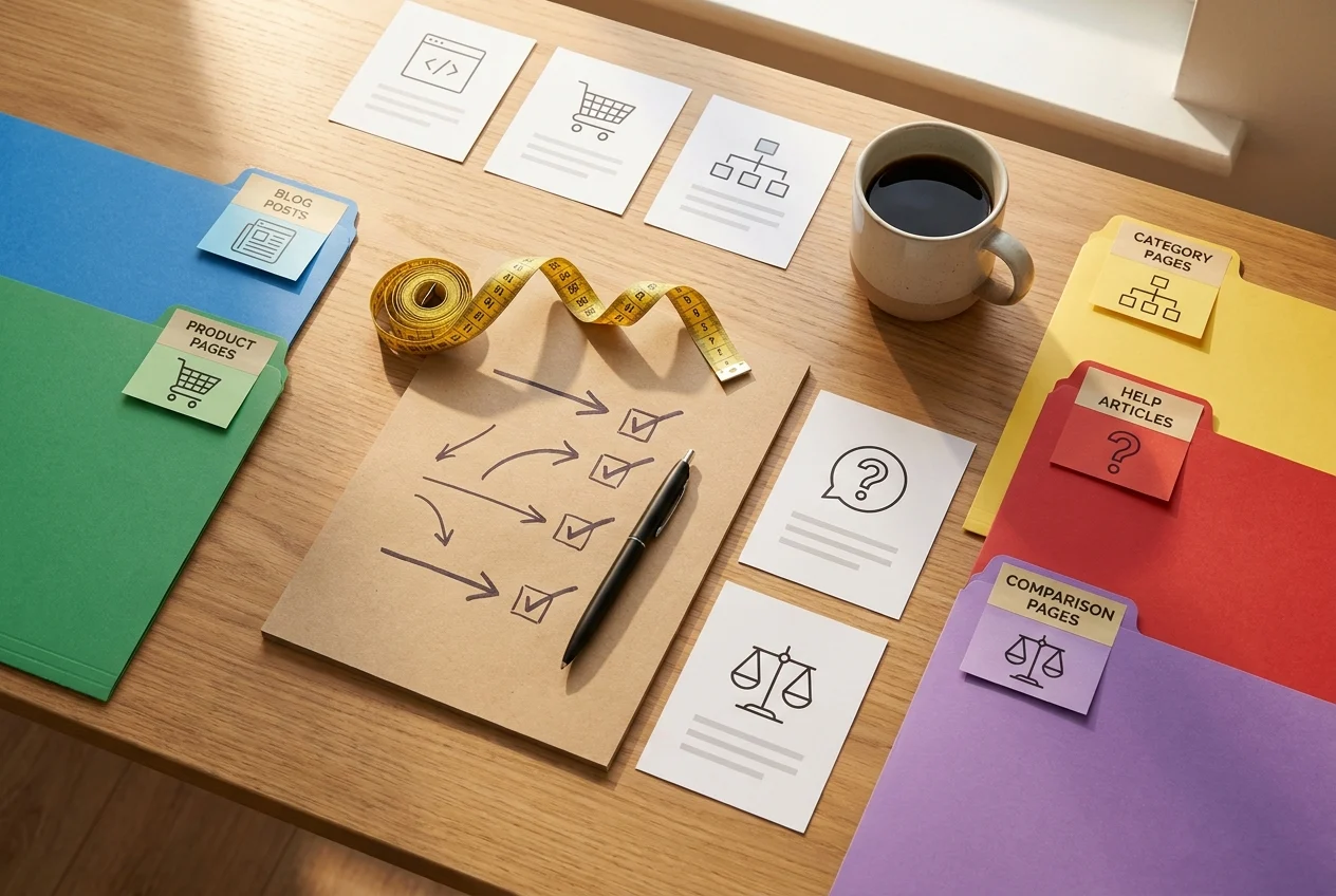 Top-down SEO workspace with page cards, notes, folders, and intent cues