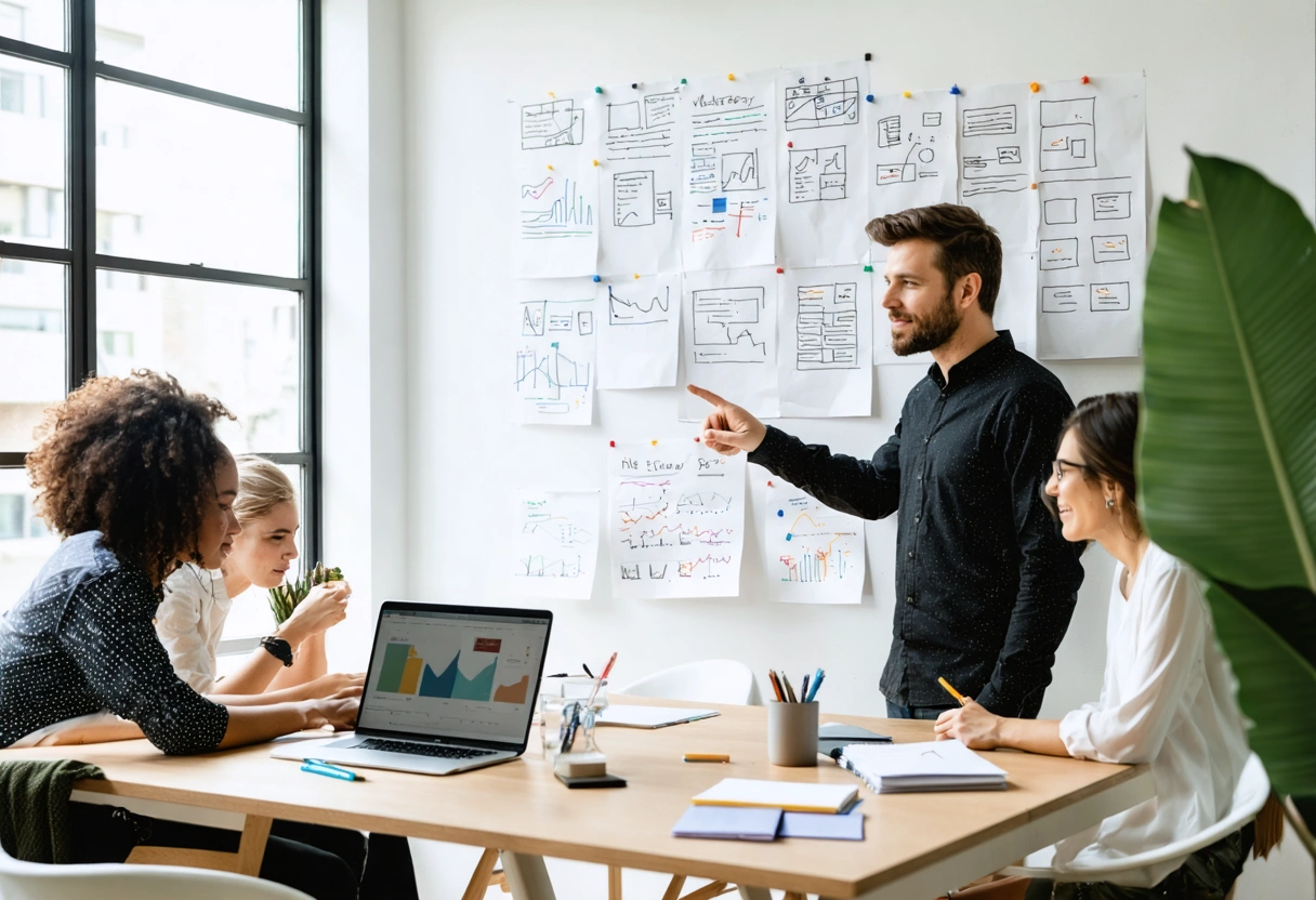 Wide editorial hero shot of a small business owner and a compact marketing team gathered in a bright, modern workspace