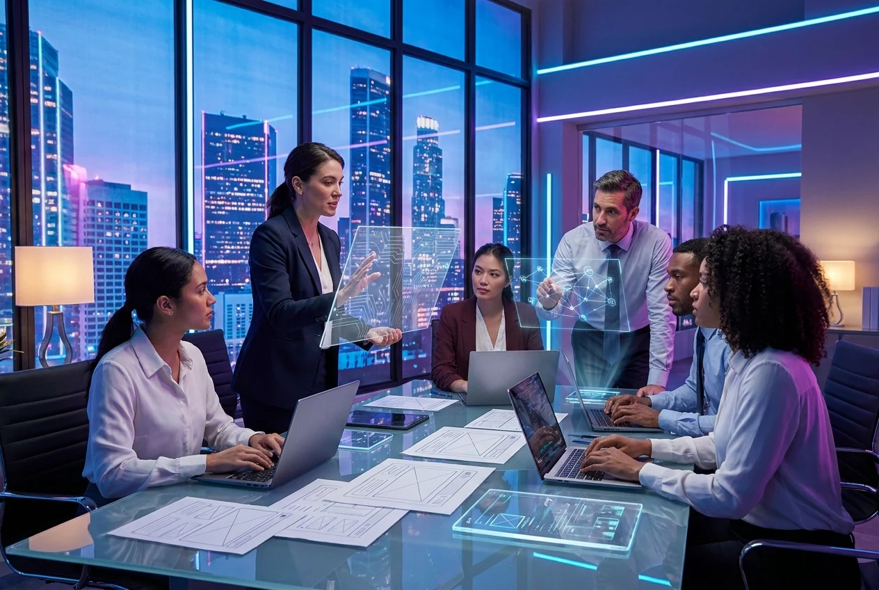 Wide hero shot of a modern business team in a bright, stylish office overlooking a city skyline, collaborating around