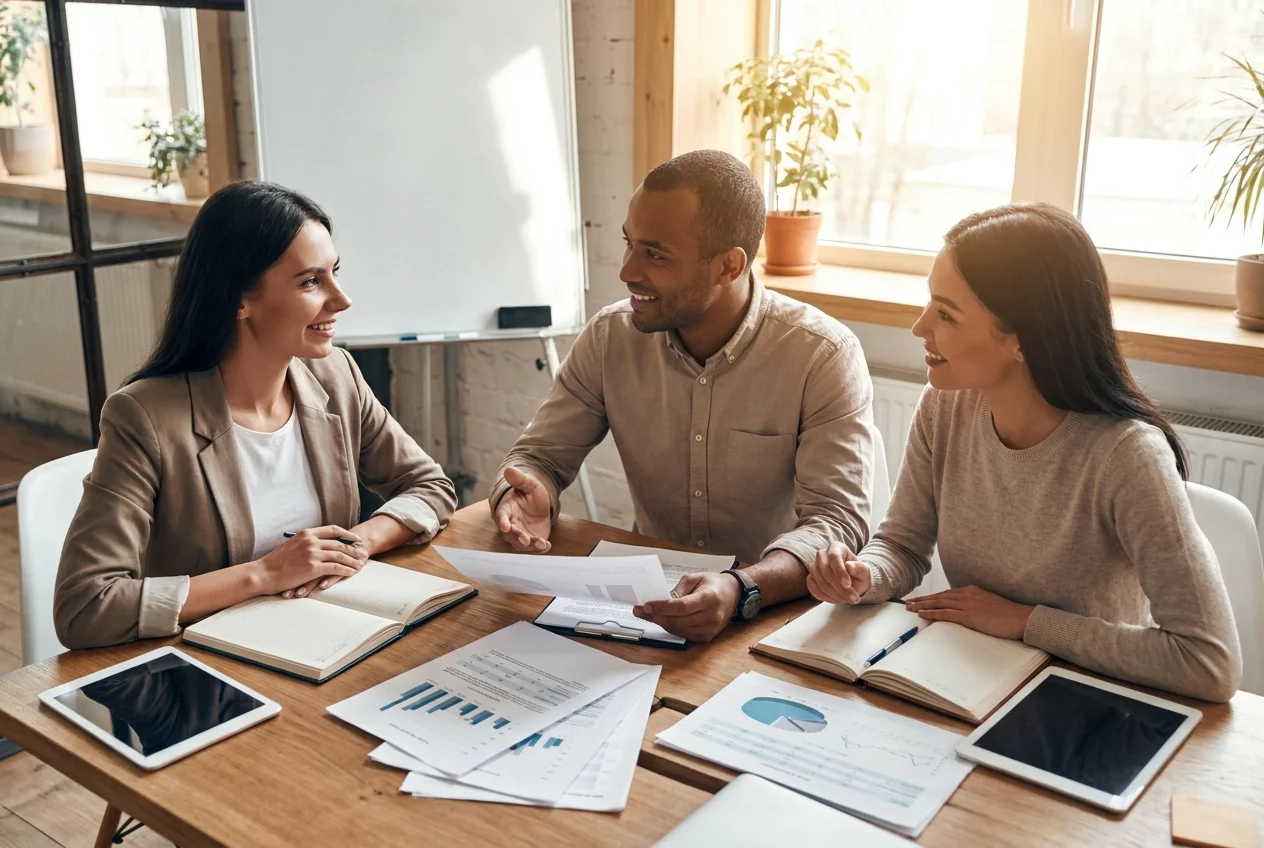 Two business professionals and a marketing advisor discuss AI recommendations in a meeting room
