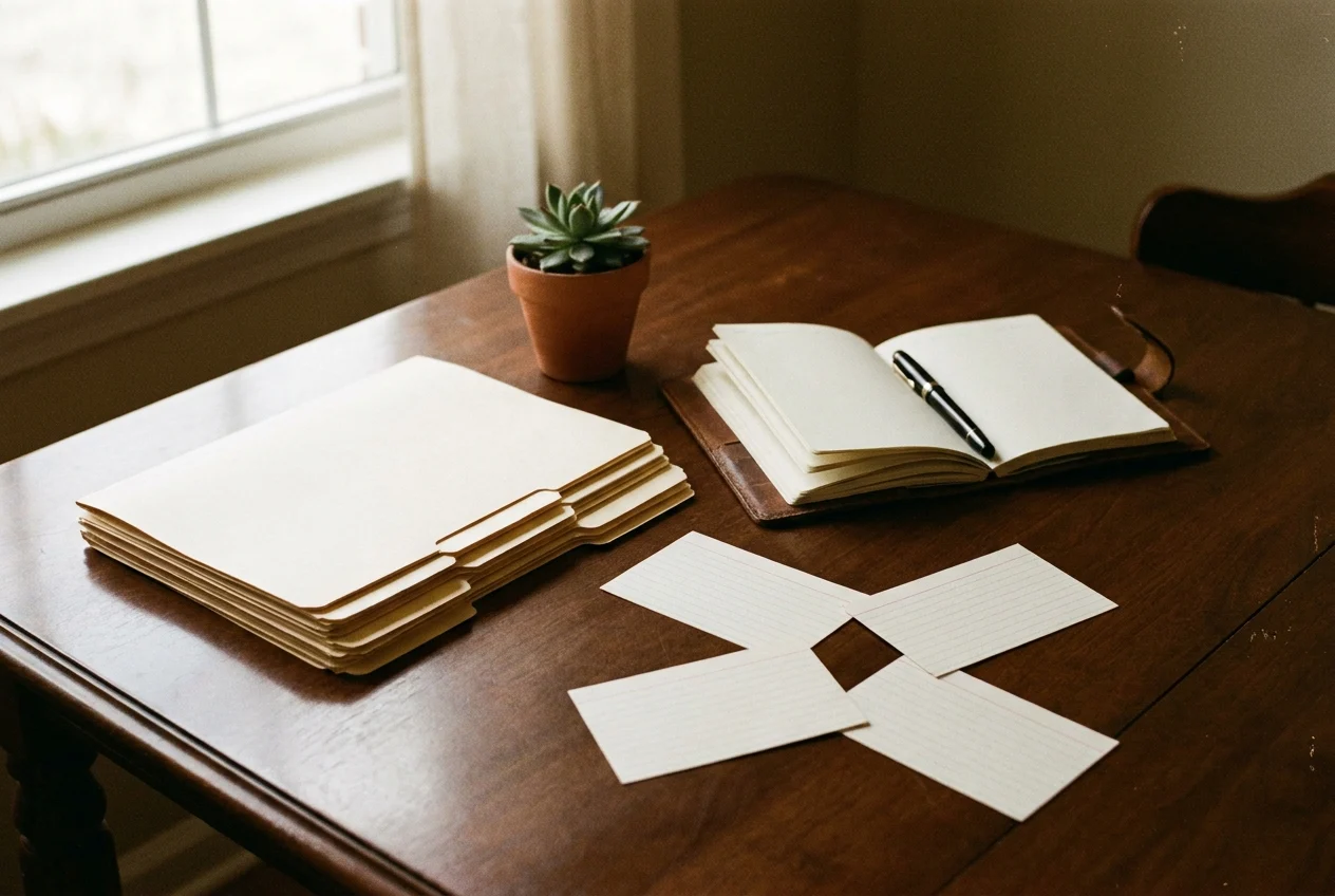 Wooden workspace with folders, notebook, plant, and connected content cards