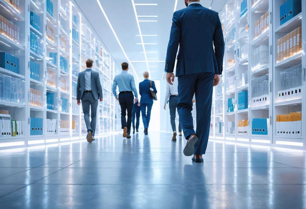 Compliance team organizes audit evidence in a luminous corporate archive