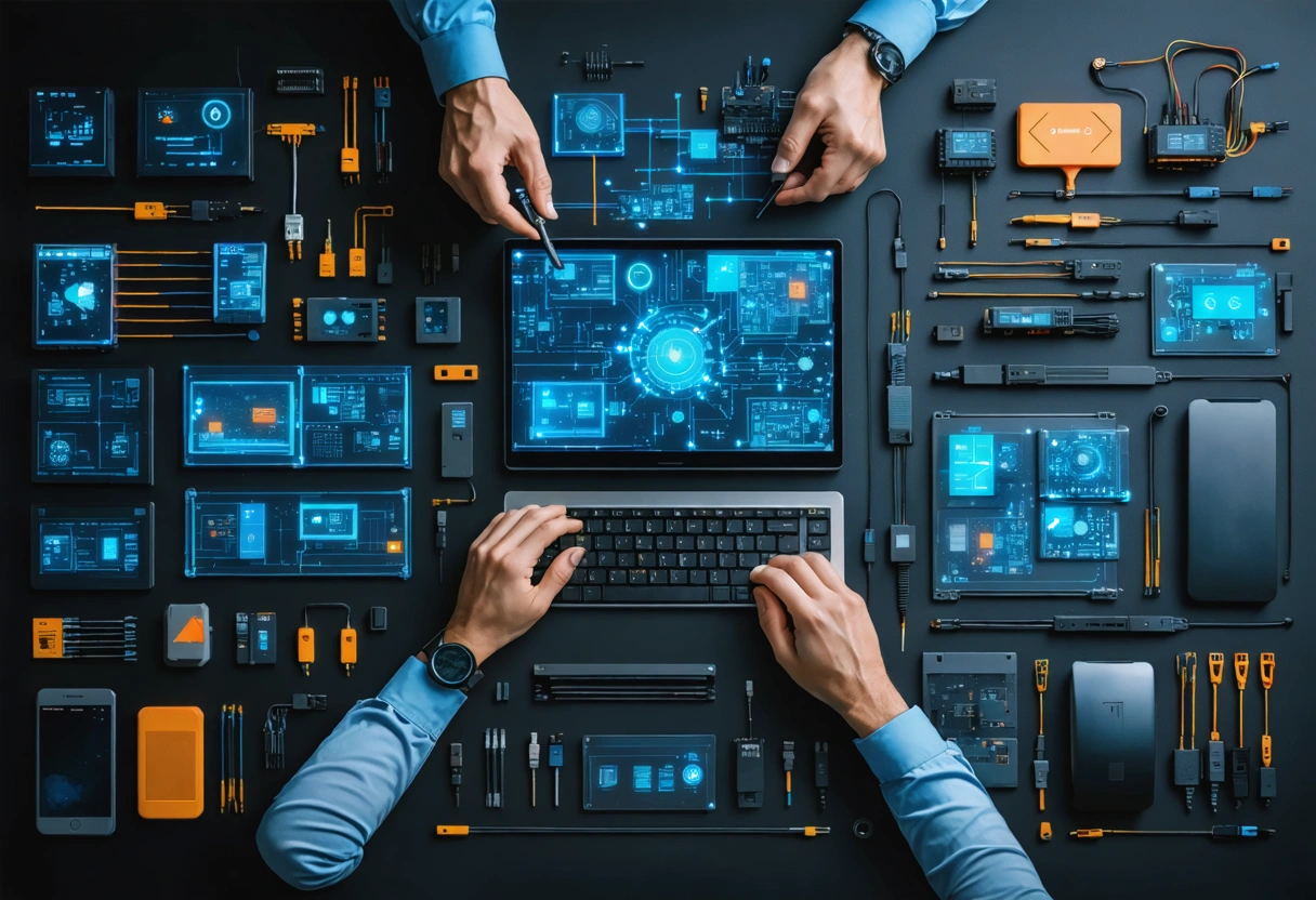 Technicians compare network components across an organized security audit workspace