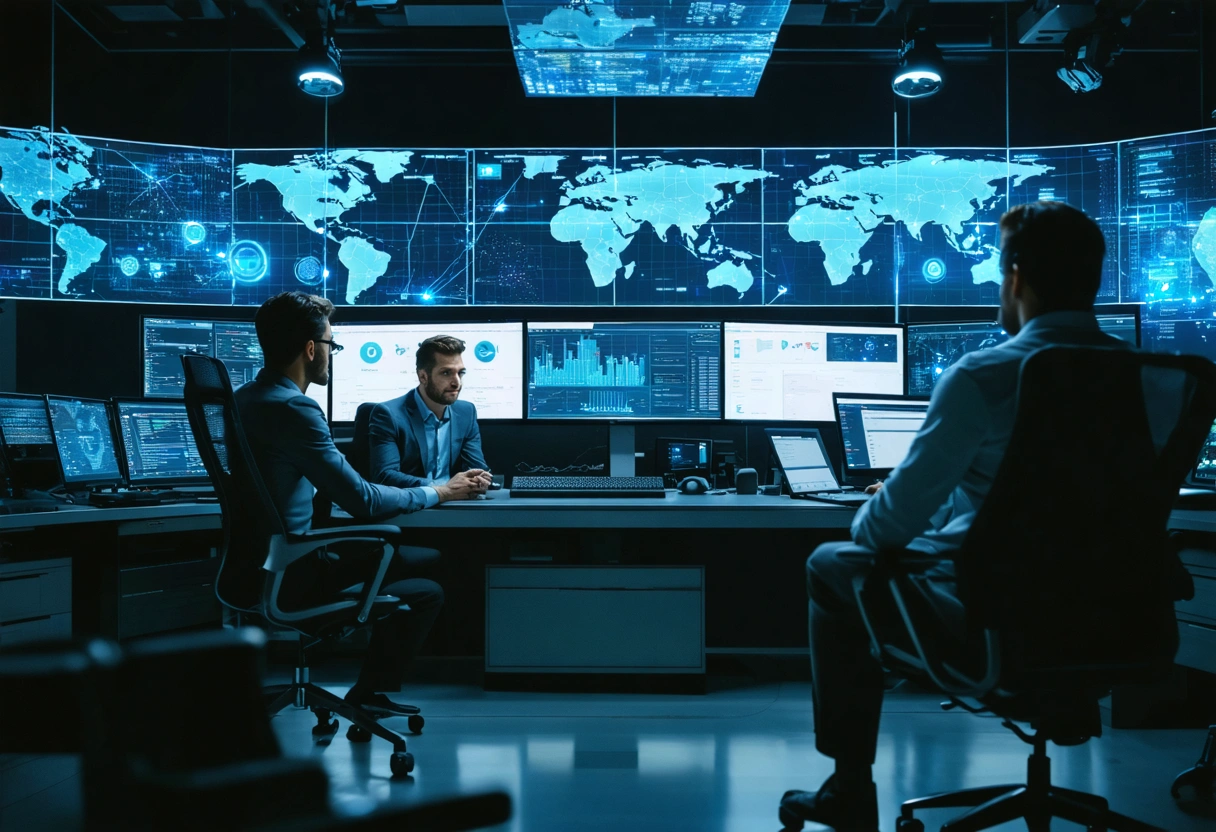 Executives in modern security operations center reviewing enterprise data flow