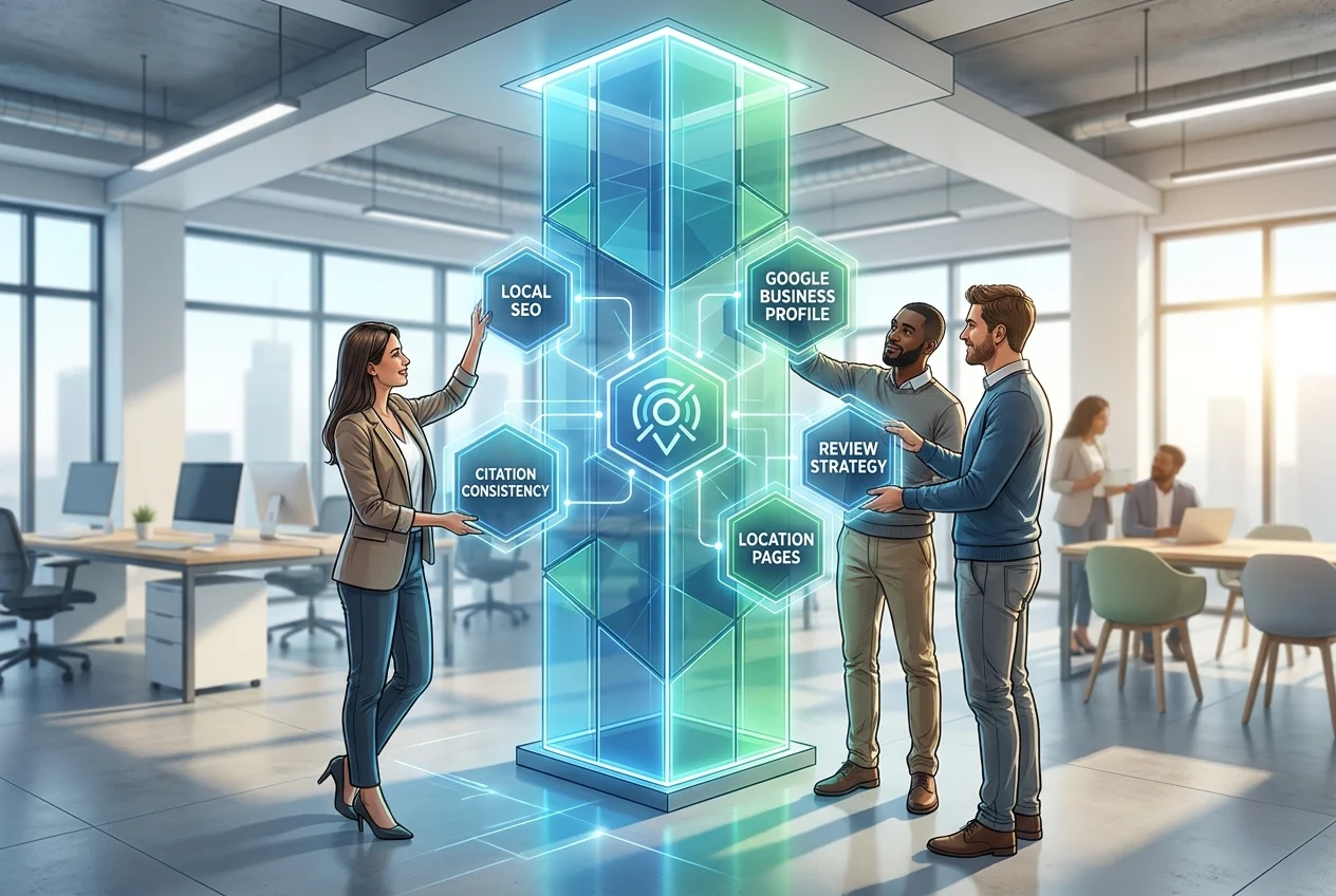 Collaborative office scene representing local SEO elements forming a connected cluster