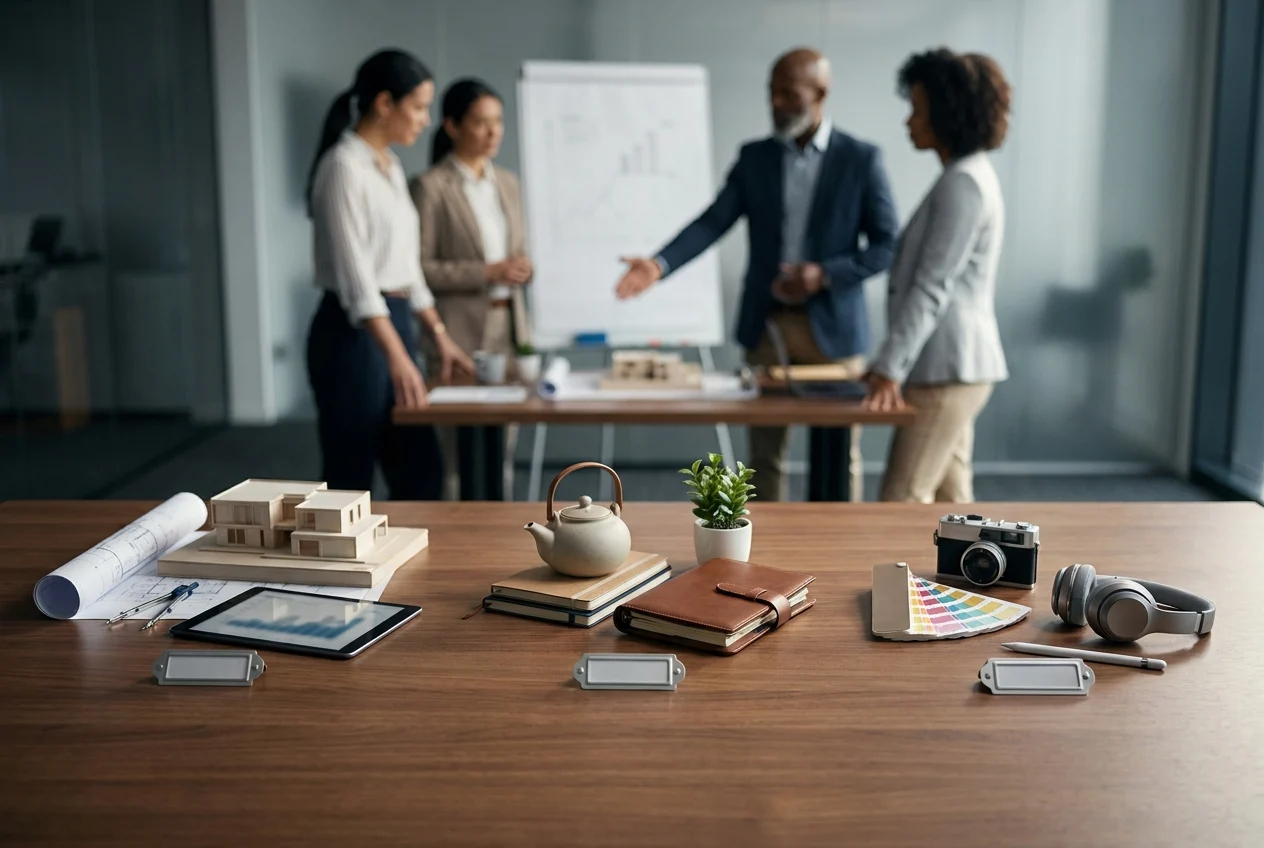 Organized tabletop clusters symbolize business categories and attributes in service planning
