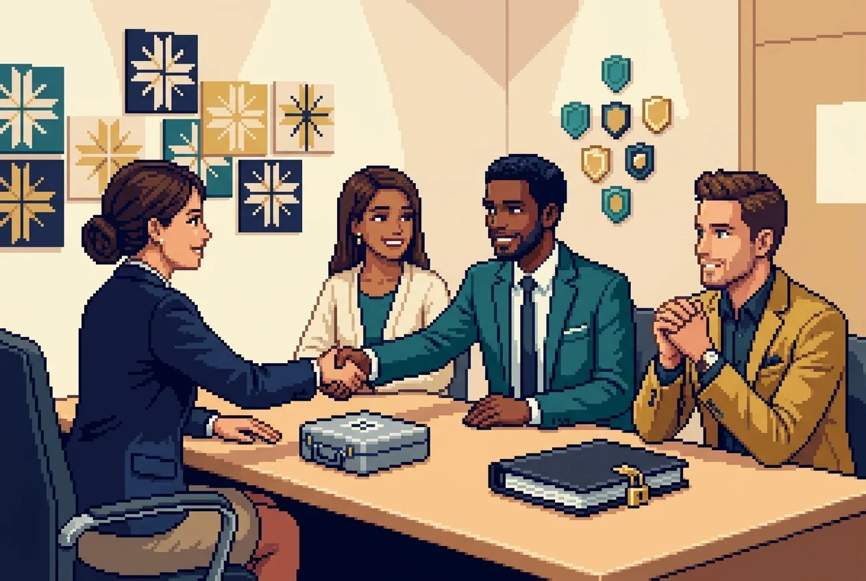 Business owner and cybersecurity advisor greet clients in pixel art office
