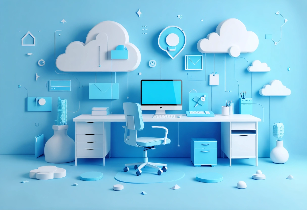 Cloud security workspace with hardware and tokens implying access risk management