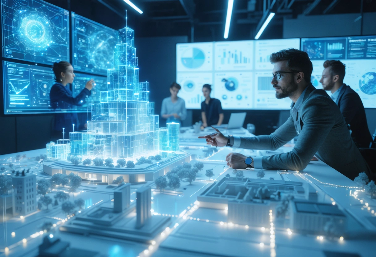 Strategy studio with website model rising through connected nodes toward visibility