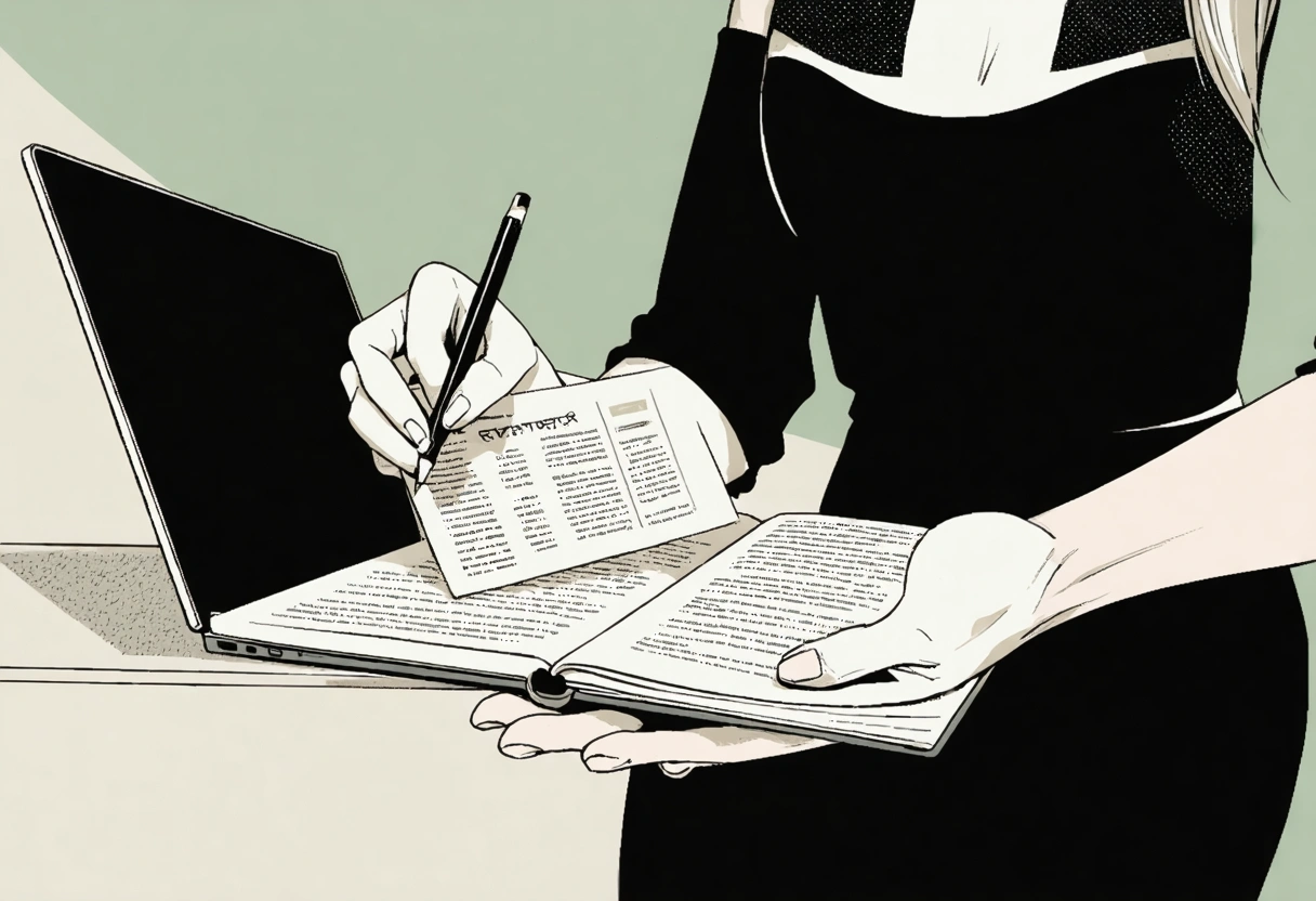 Strategist organizing article outline, cards, notebook, and laptop at desk