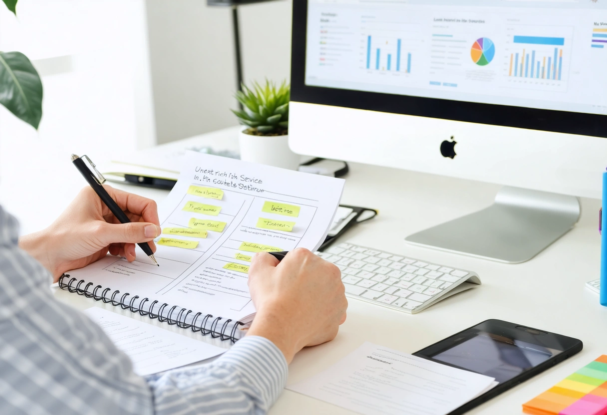 Content strategist reviews intent-rich service page plans beside a website wireframe monitor