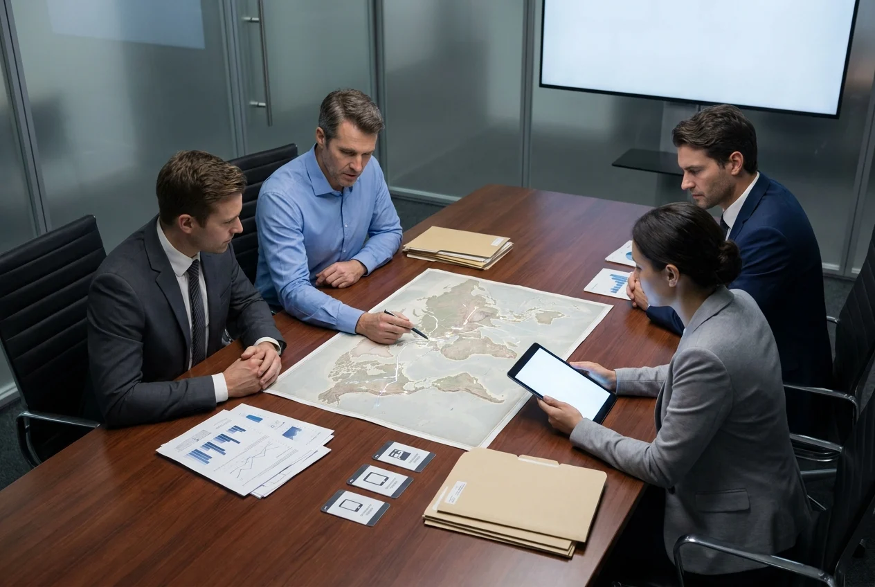 Security meeting reviewing risk reports and system maps for vulnerability prioritization